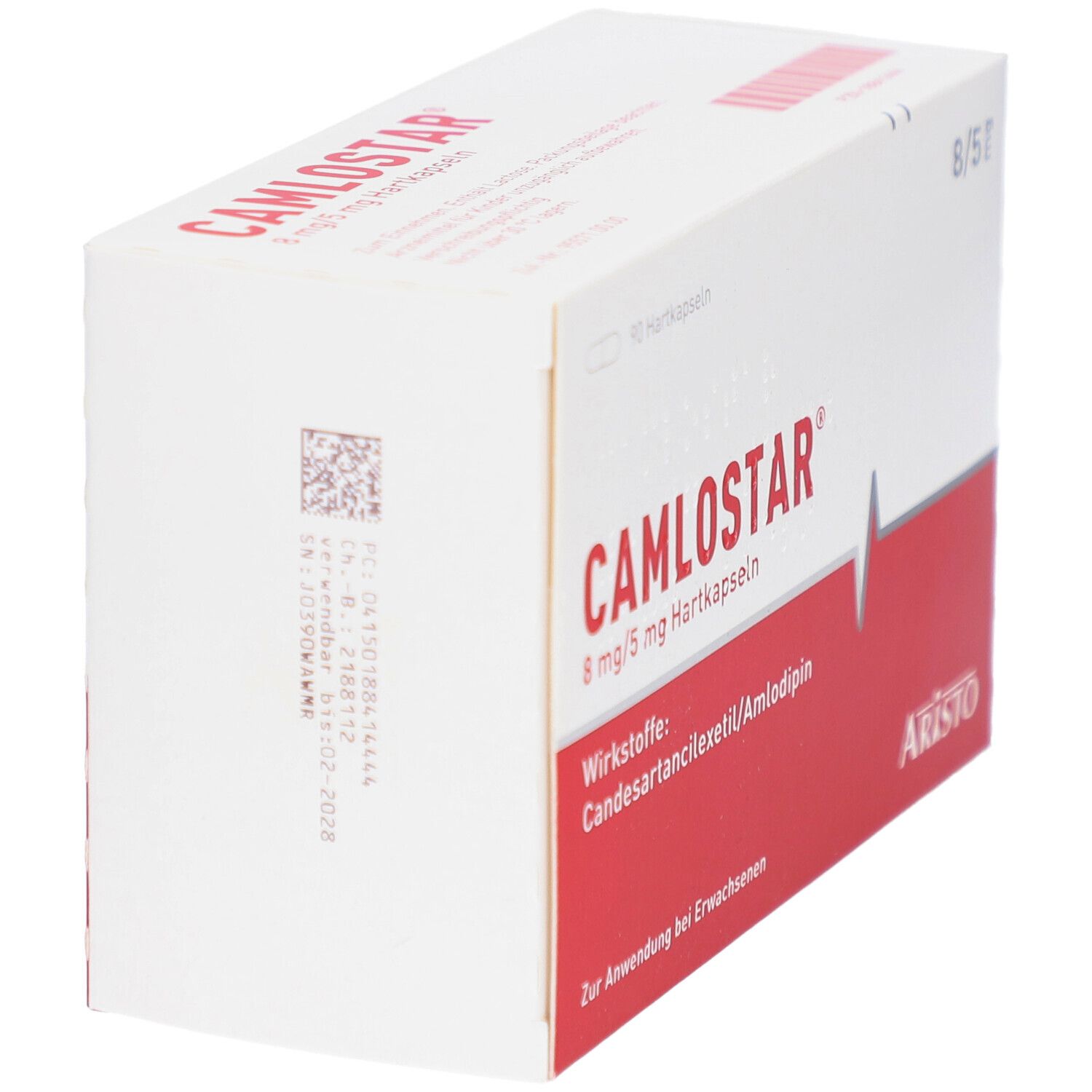 Weiße Schachtel, seitliche Ansicht. Aufschrift: CAMLOSTAR 8 mg/5 mg Hartkapseln. Wirkstoffe: Candesartan/Amlodipin. Aristo.
