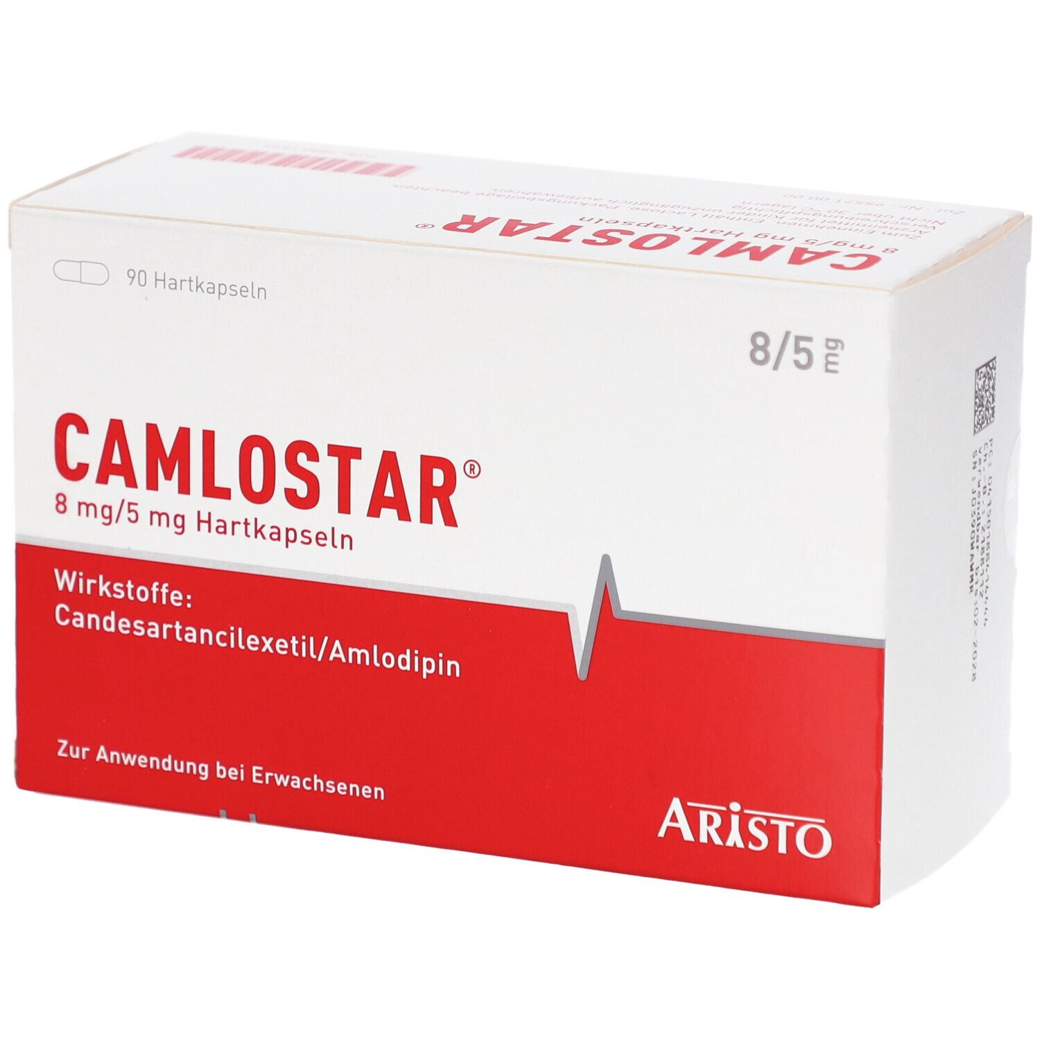 Weiße Schachtel mit rotem Streifen. Aufschrift: CAMLOSTAR 8 mg/5 mg Hartkapseln. Wirkstoffe: Candesartan/Amlodipin. Aristo.