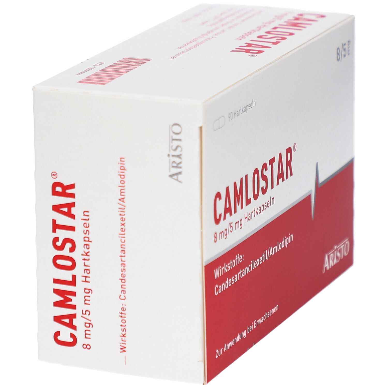 Weiße Schachtel, schräge Ansicht. Aufschrift: CAMLOSTAR 8 mg/5 mg Hartkapseln. Wirkstoffe: Candesartan/Amlodipin. Aristo.