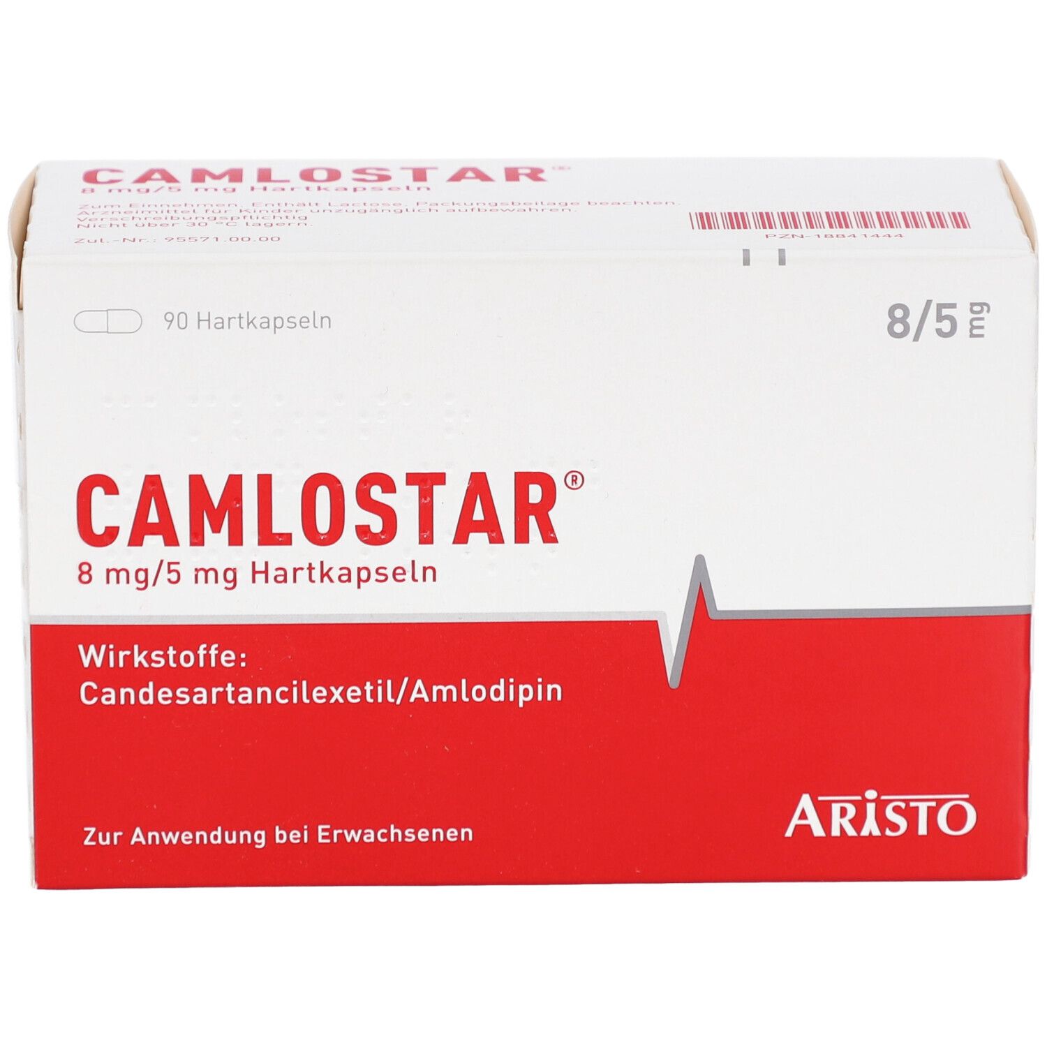 Weiße Schachtel mit rotem Streifen. Aufschrift: CAMLOSTAR 8 mg/5 mg Hartkapseln. Wirkstoffe: Candesartan/Amlodipin. Aristo.