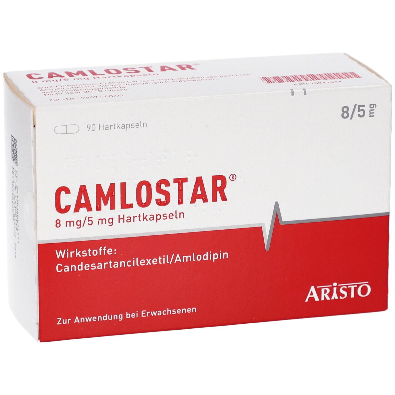 Weiße Schachtel mit rotem Streifen. Aufschrift: CAMLOSTAR 8 mg/5 mg Hartkapseln. Wirkstoffe: Candesartan/Amlodipin. Aristo.