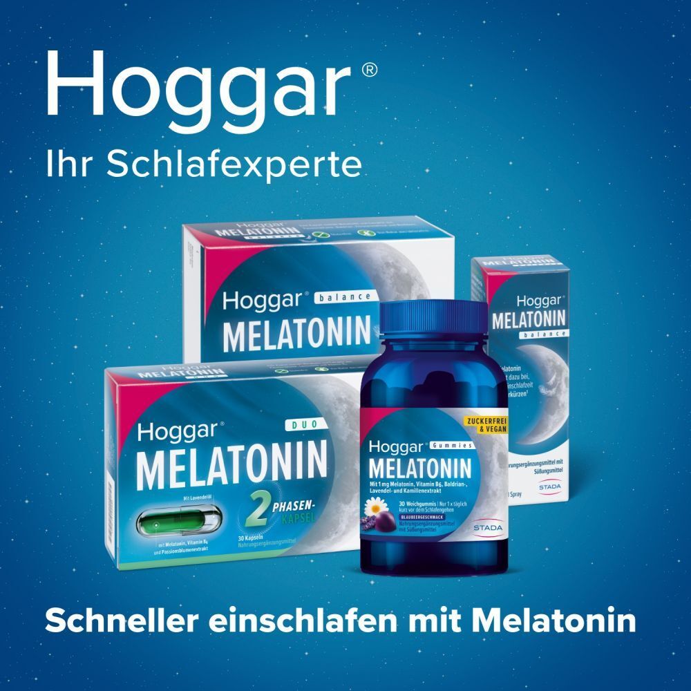 Hoggar® Melatonin Gummies: Angenehm schneller einschlafen. Weichgummis mit Blaubeergeschmack.1 mg Melatonin, Vitamin B6, Baldrian-, Lavendel- und Kamillenextrakt.
