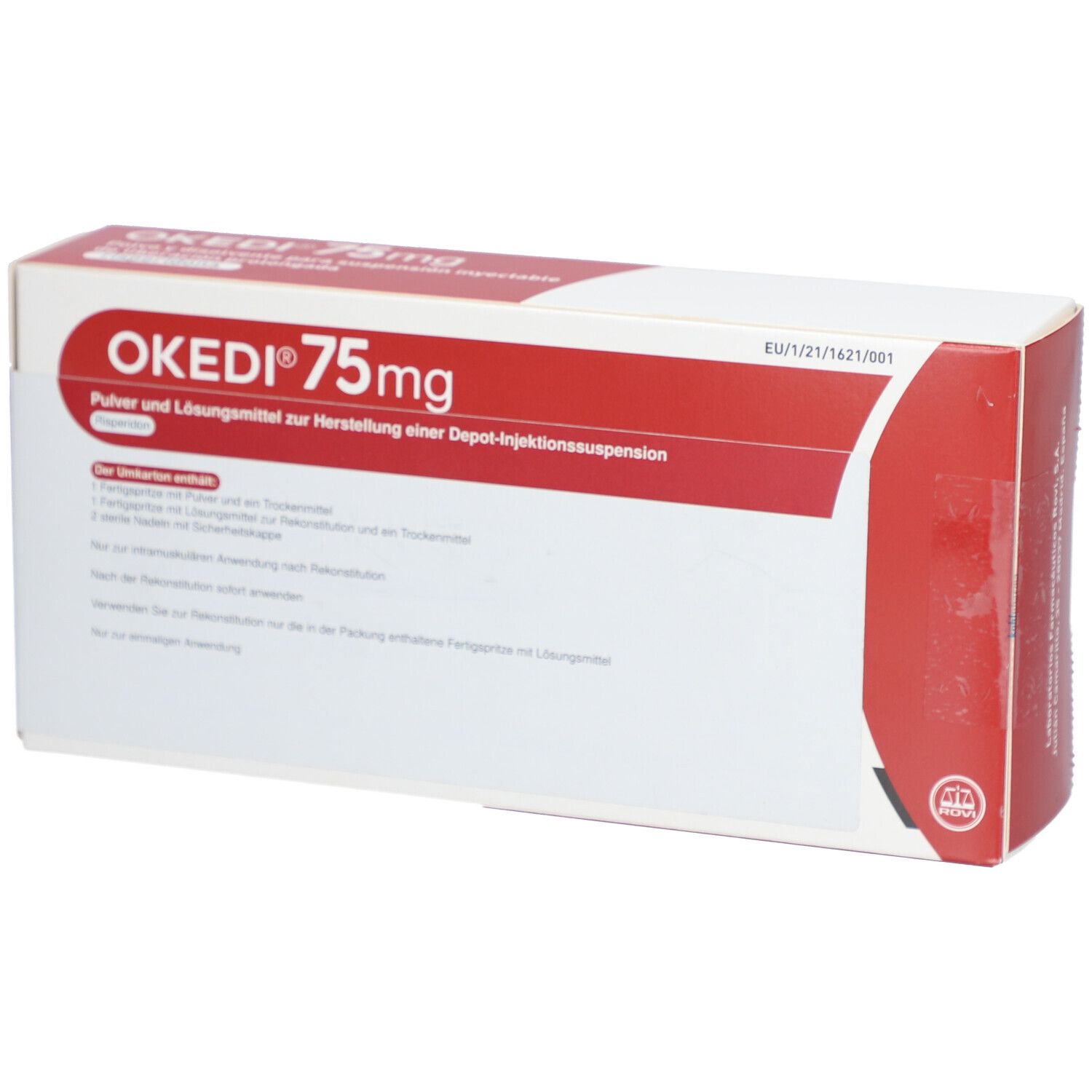 Verpackung von OKEDI 75 mg. Rote und weiße Schachtel mit Produktinformationen und Logo.