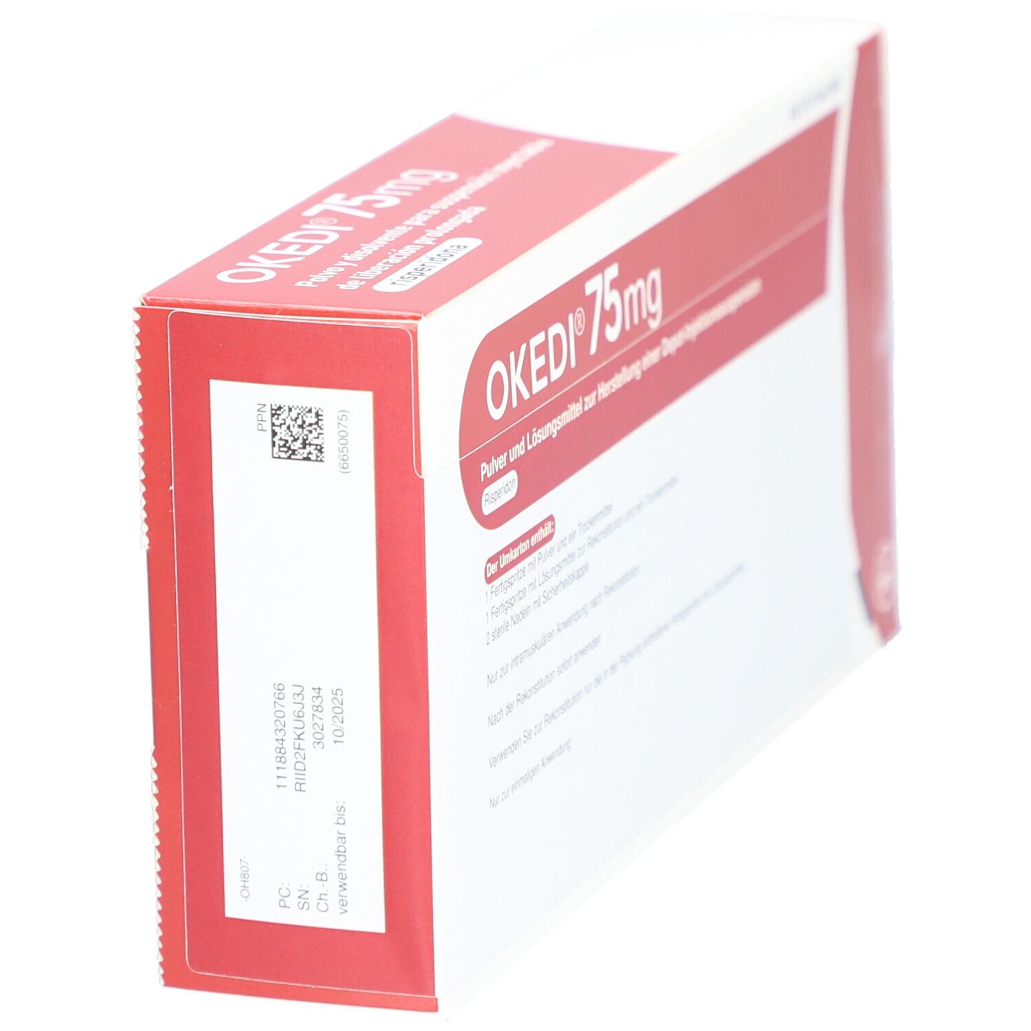 Seitenansicht der OKEDI 75 mg Verpackung. Rote und weiße Schachtel mit Barcode und Text.