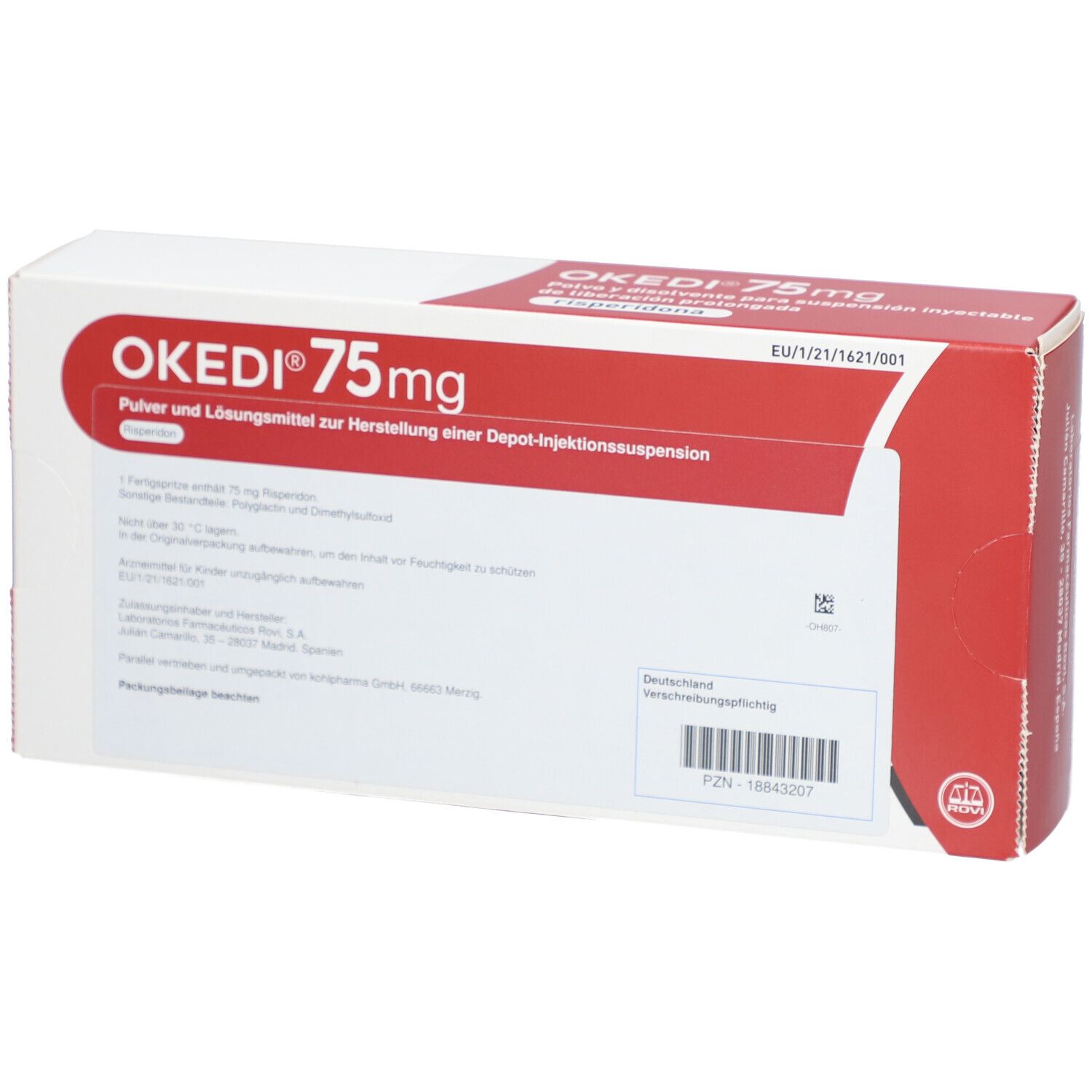 OKEDI 75 mg Verpackung. Rote und weiße Schachtel mit Produktinformationen und Logo.