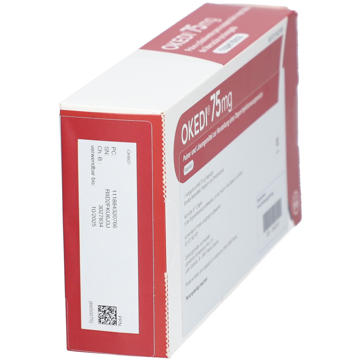 Schrägansicht der OKEDI 75 mg Verpackung. Rote und weiße Schachtel mit Text.