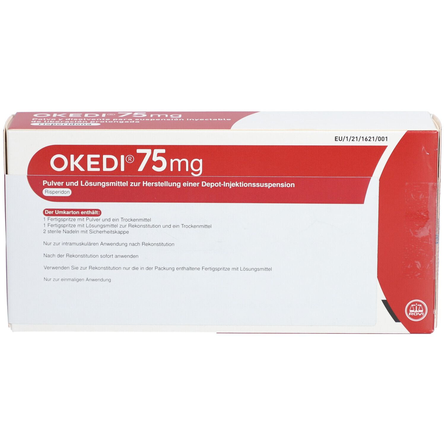 OKEDI 75 mg Verpackung. Rote und weiße Schachtel mit Produktinformationen und Logo.