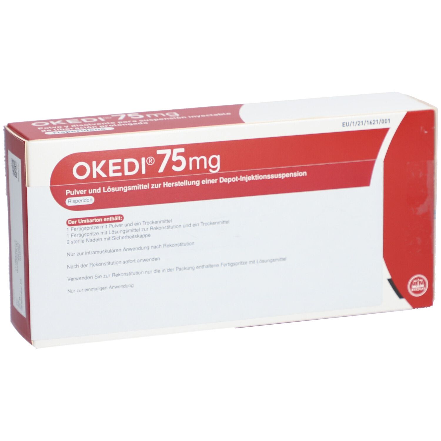 OKEDI 75 mg Verpackung. Rote und weiße Schachtel mit Produktinformationen und Logo.
