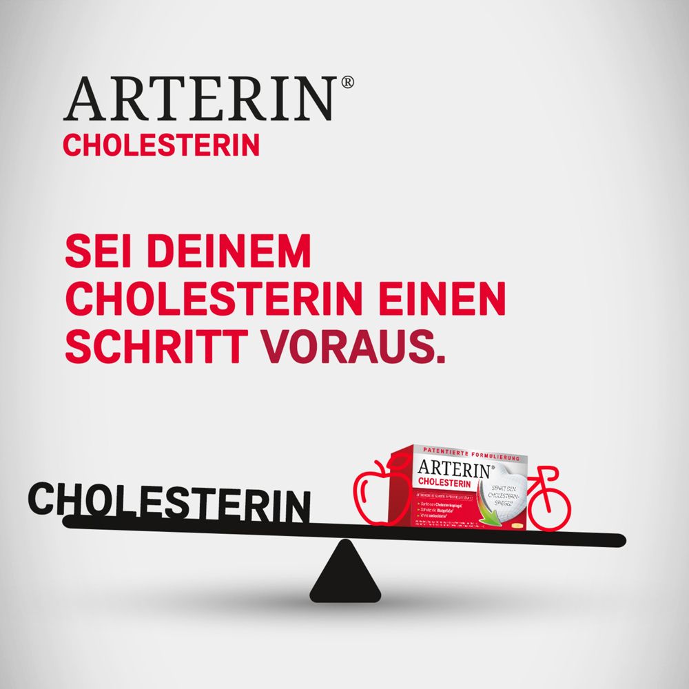 Arterin Cholesterin-Logo. Text: Sei deinem Cholesterin einen Schritt voraus. Grafik.