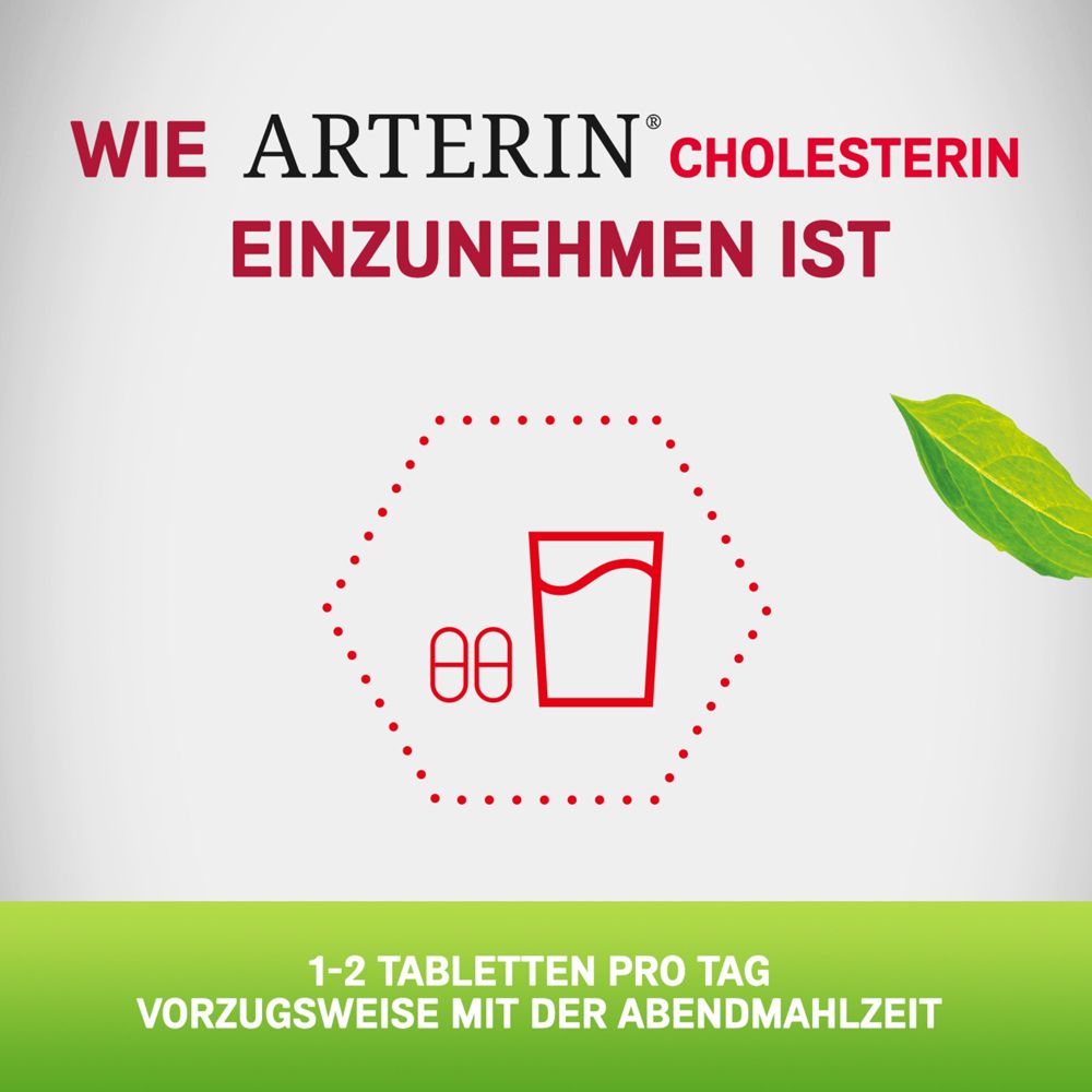 Wie Arterin Cholesterin einnehmen? Zwei Tabletten und ein Glas Wasser. Text: 1-2 Tabletten pro Tag.