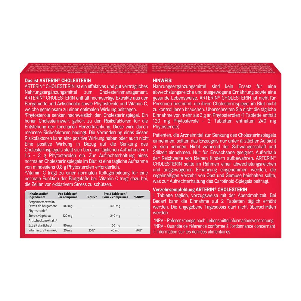 Arterin Cholesterin Packungsbeilage. Text und Tabellen mit Inhaltsstoffen und Dosierung.