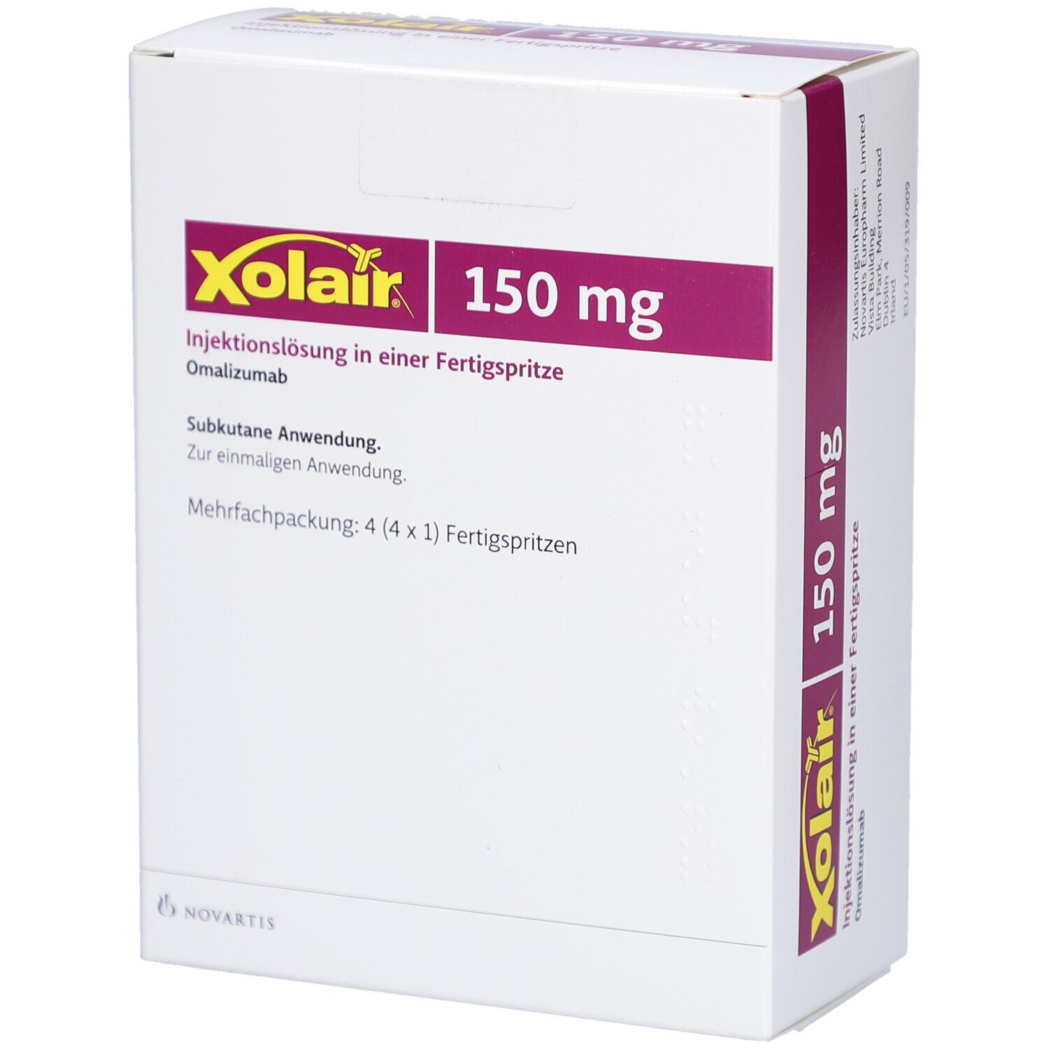 Schachtel Xolair 150 mg. Aufschrift: Injektionslösung in Fertigspritze. Mehrfachpackung mit 4 Fertigspritzen. Weiß, lila und gelb.