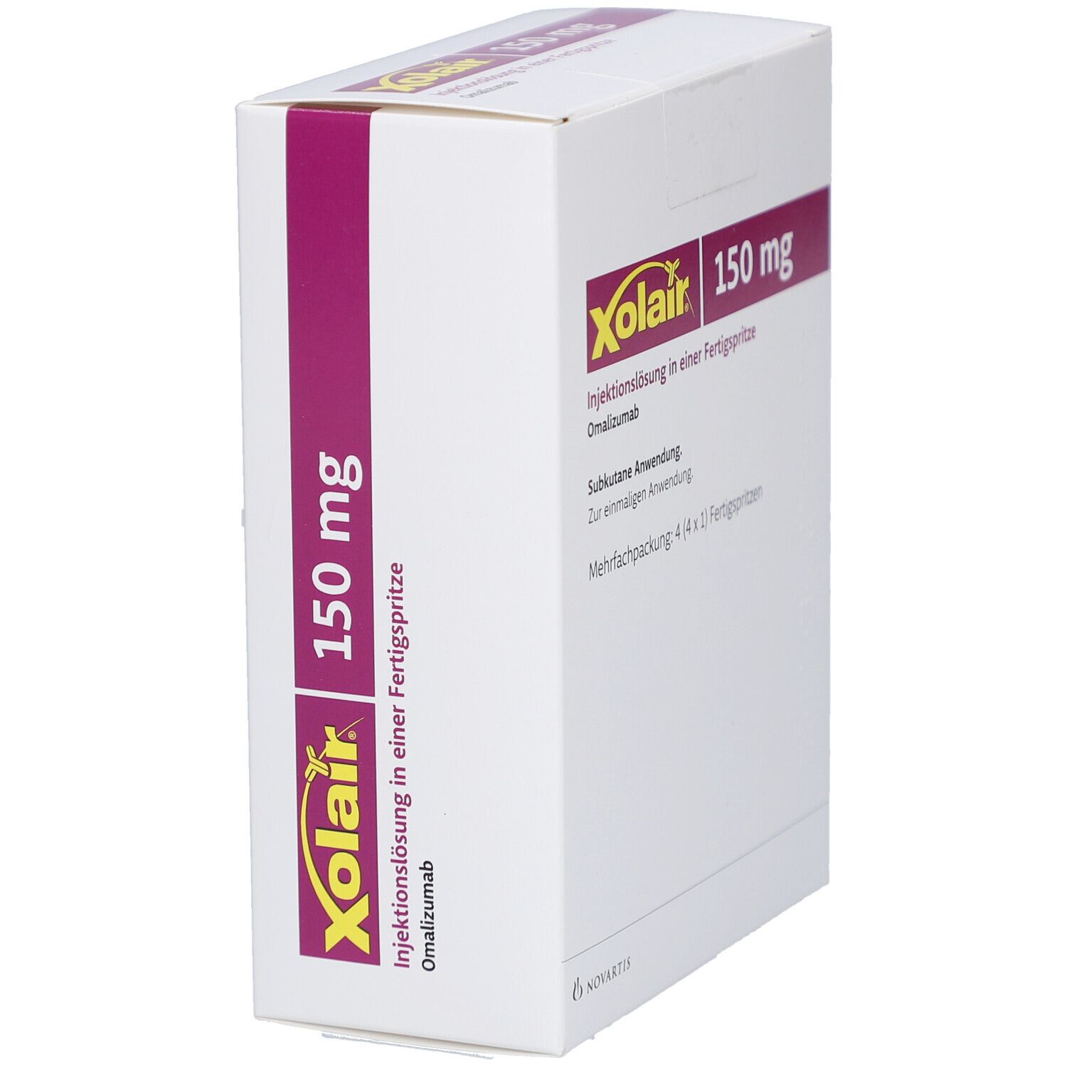 Schachtel Xolair 150 mg. Aufschrift: Injektionslösung in Fertigspritze. Weiß, lila und gelb. Seitenansicht.