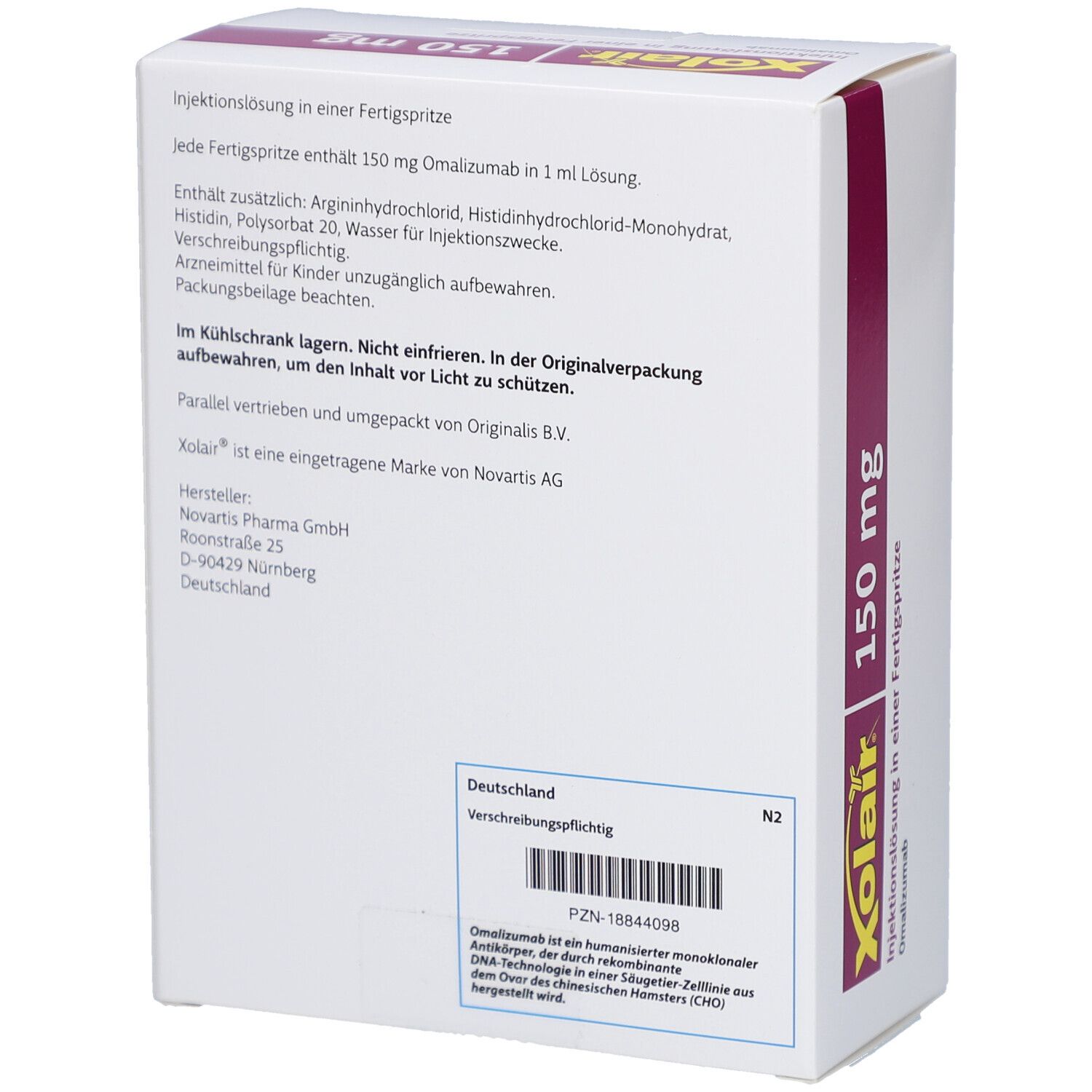Rückseite der Xolair 150 mg Schachtel. Enthält Informationen zu Inhaltsstoffen, Lagerung und Hersteller. Text in Deutsch.