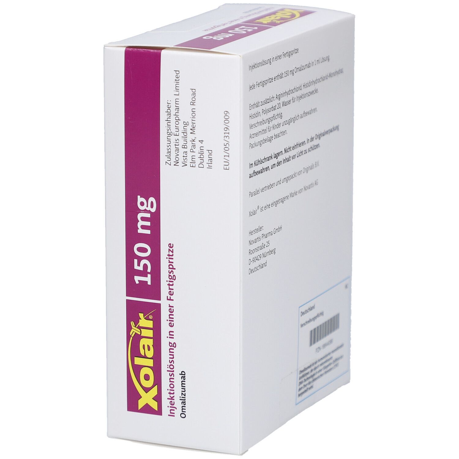 Seite der Xolair 150 mg Schachtel. Enthält Informationen zur Zulassung und zum Hersteller. Text in Deutsch.