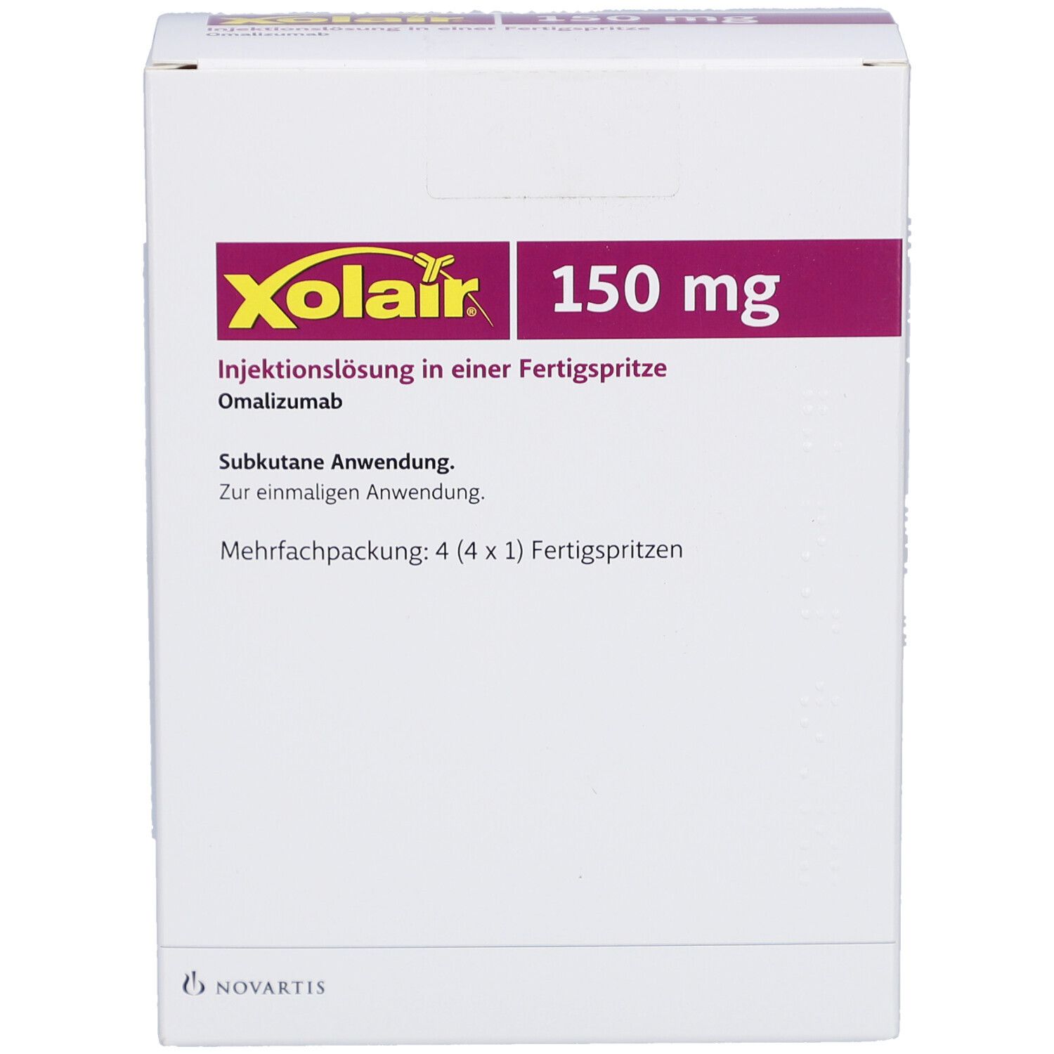 Vorderseite der Xolair 150 mg Schachtel. Aufschrift: Injektionslösung in Fertigspritze. Mehrfachpackung mit 4 Fertigspritzen. Weiß, lila und gelb.