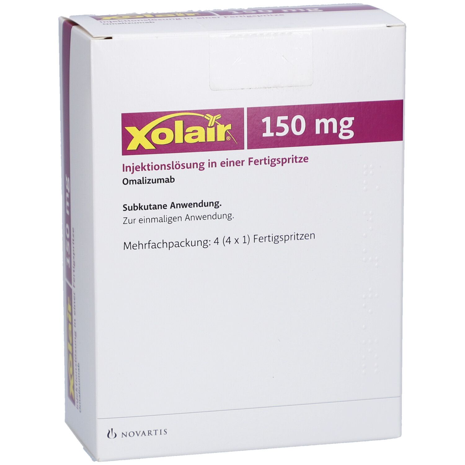 Vorderseite der Xolair 150 mg Schachtel. Aufschrift: Injektionslösung in Fertigspritze. Mehrfachpackung mit 4 Fertigspritzen. Weiß, lila und gelb.