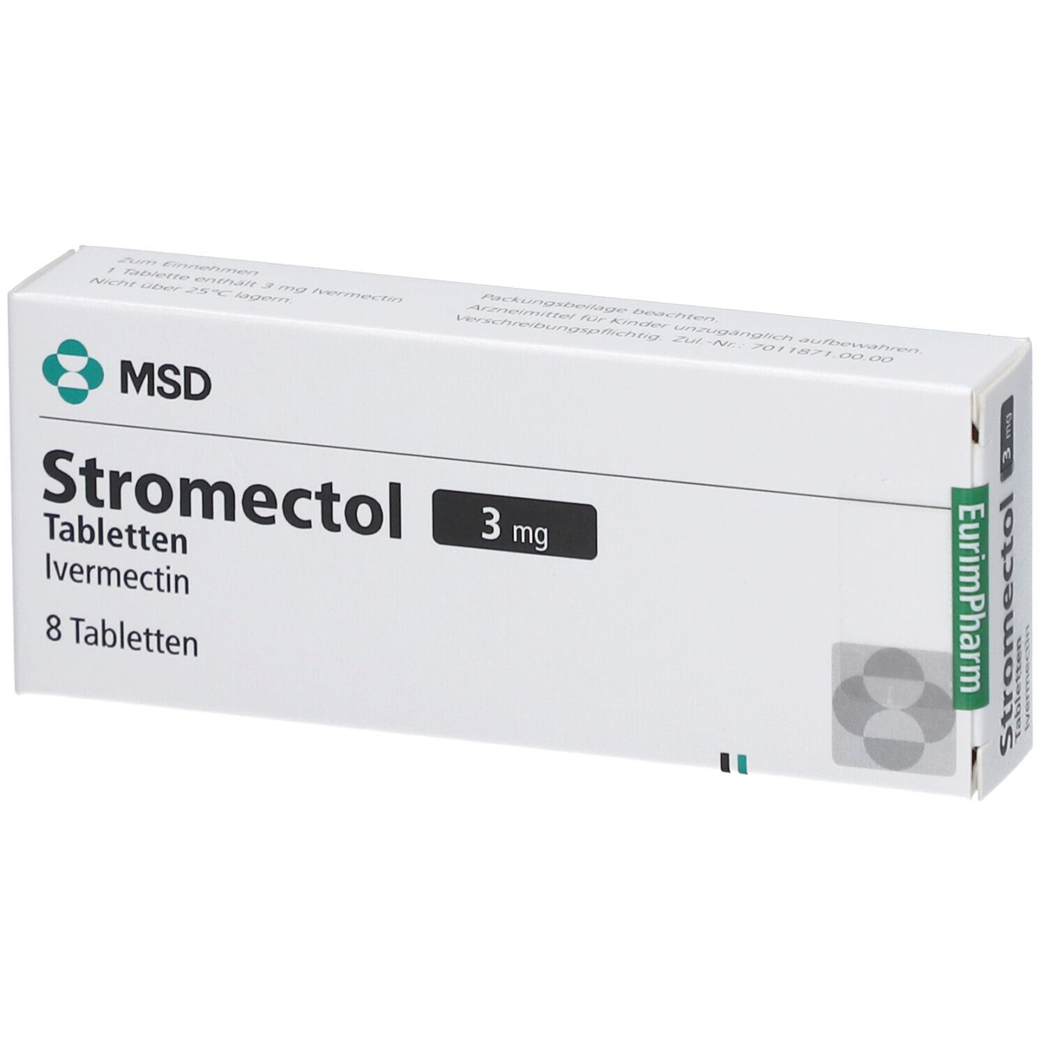 Weiße Schachtel mit "Stromectol 3 mg Tabletten". Enthält 8 Tabletten. MSD-Logo. Eurimpharm-Logo.
