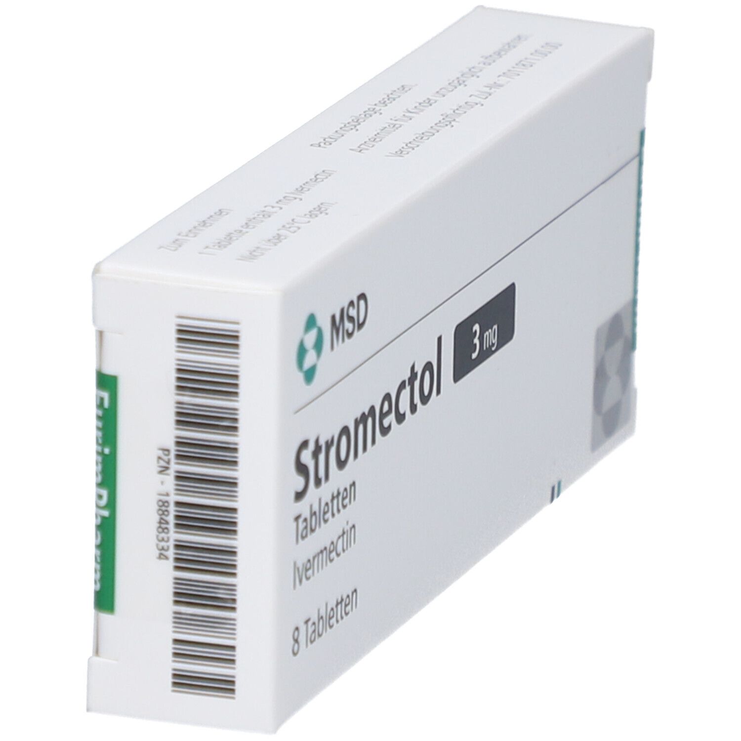Schachtel "Stromectol 3 mg Tabletten" in Schrägansicht. MSD-Logo. Eurimpharm-Logo. Enthält 8 Tabletten.