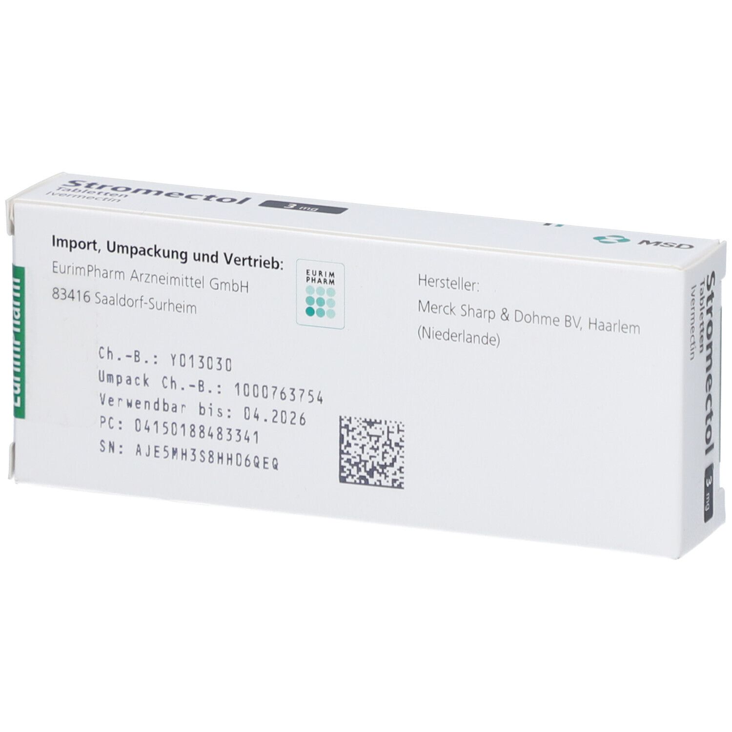 Rückseite der Schachtel "Stromectol 3 mg Tabletten". Hersteller- und Importinformationen. QR-Code.