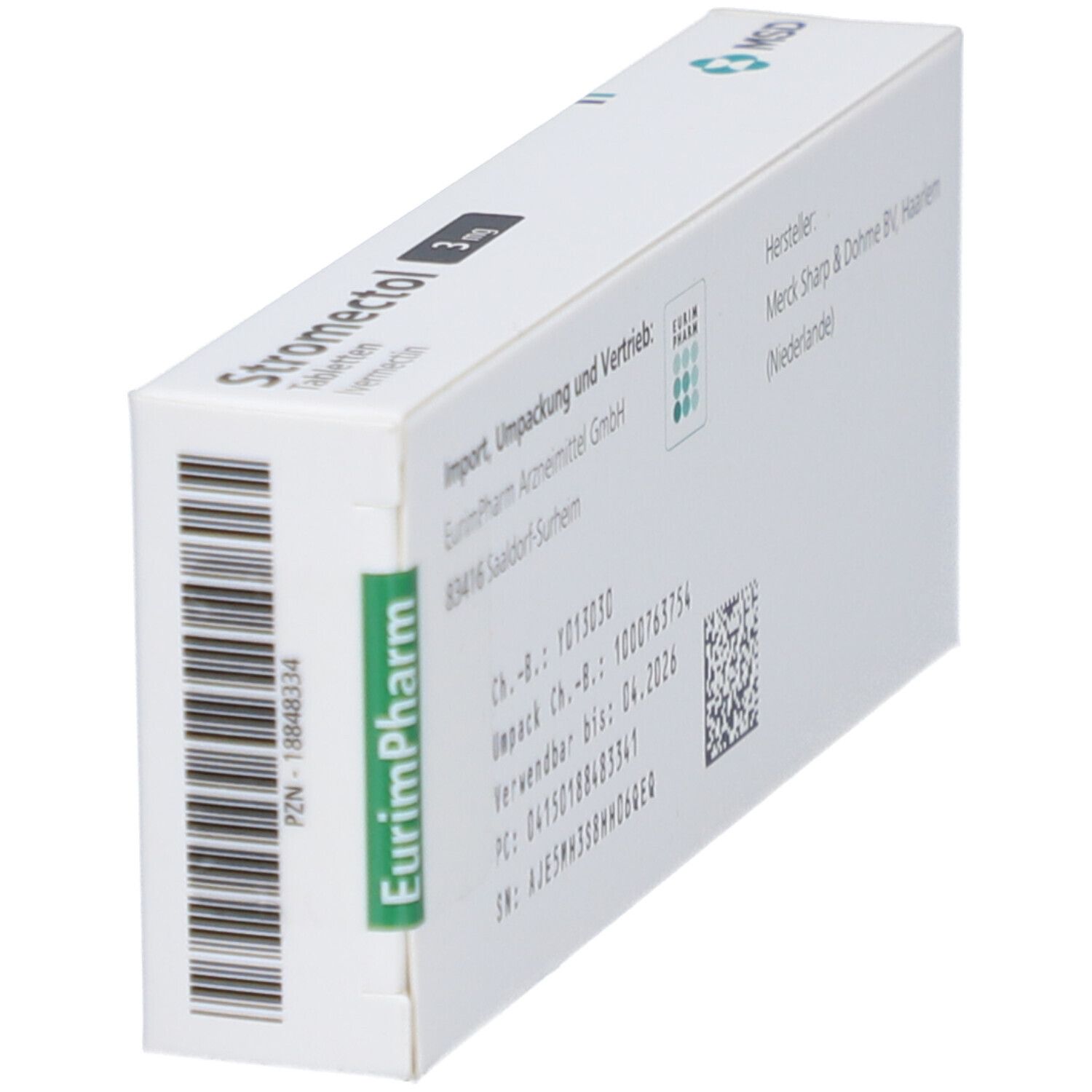 Schachtel "Stromectol 3 mg Tabletten" in Schrägansicht. Hersteller- und Importinformationen. QR-Code.