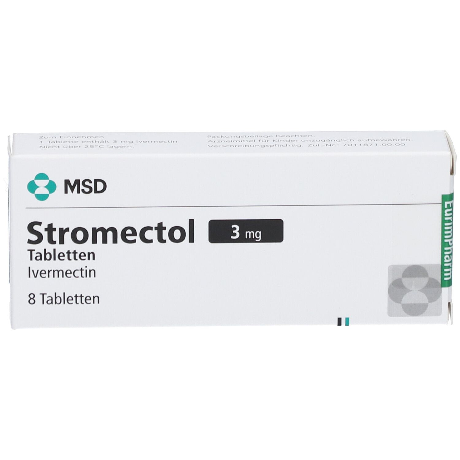 Weiße Schachtel "Stromectol 3 mg Tabletten". MSD-Logo. Enthält 8 Tabletten. Eurimpharm-Logo.