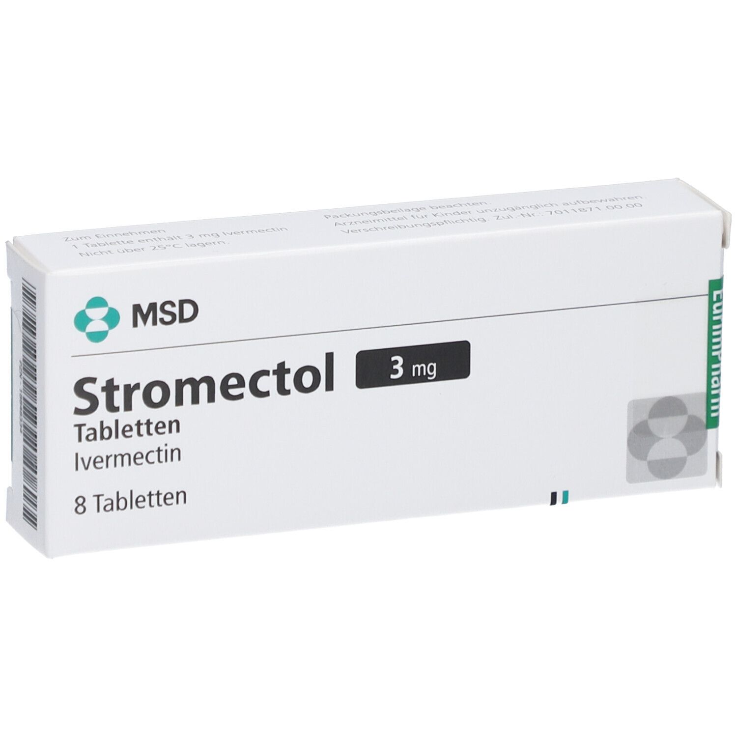 Weiße Schachtel "Stromectol 3 mg Tabletten". MSD-Logo. Enthält 8 Tabletten. Eurimpharm-Logo.