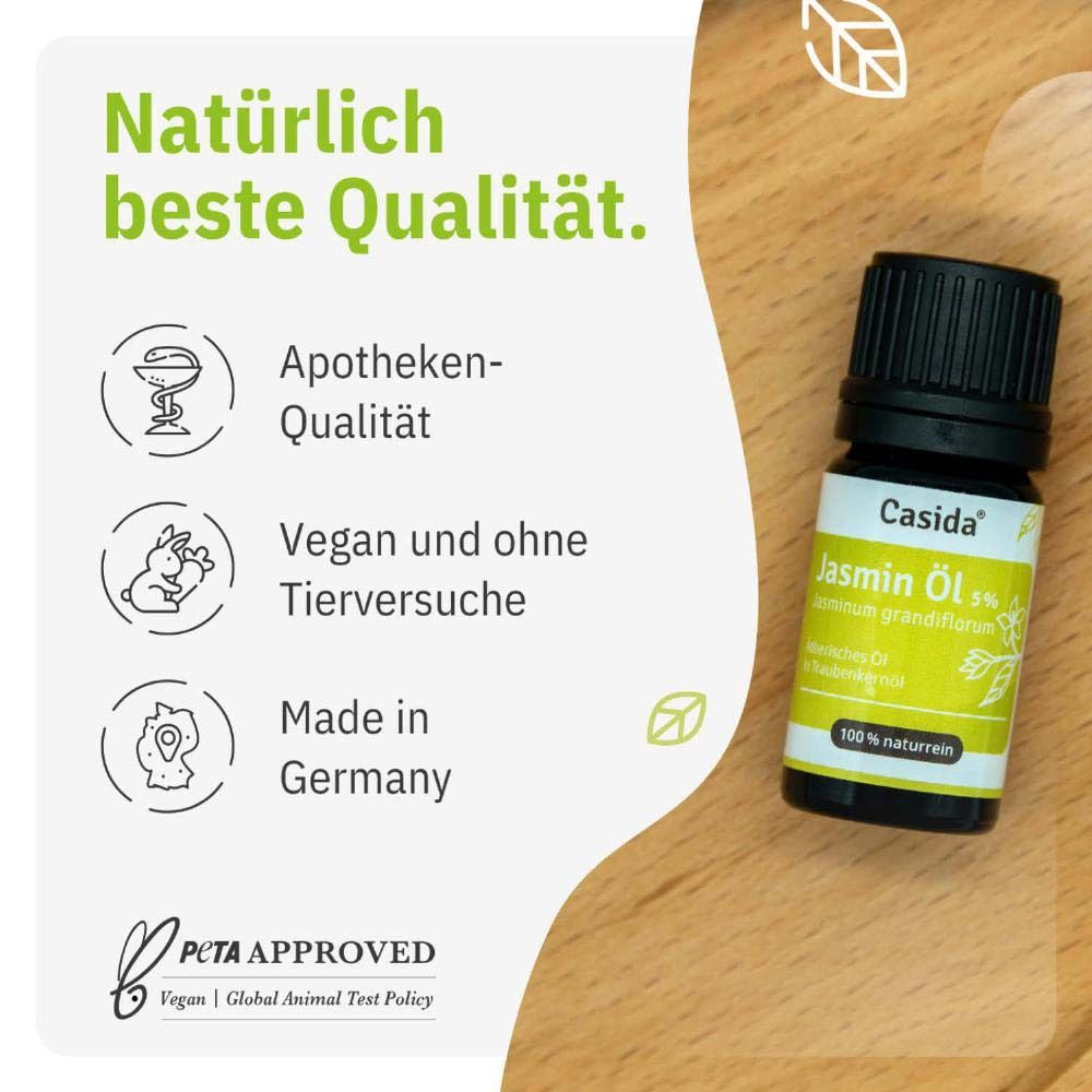 Casida Jasmin Öl 5% Flasche neben Text. Apotheken-Qualität, vegan, made in Germany.