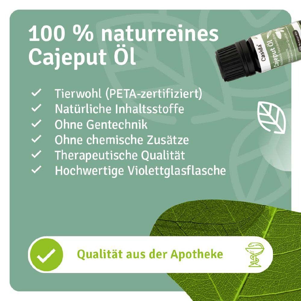 Produktflasche mit Text. Text: 100 % naturreines Cajeput Öl. Tierwohl (PETA-zertifiziert). Qualität aus der Apotheke.