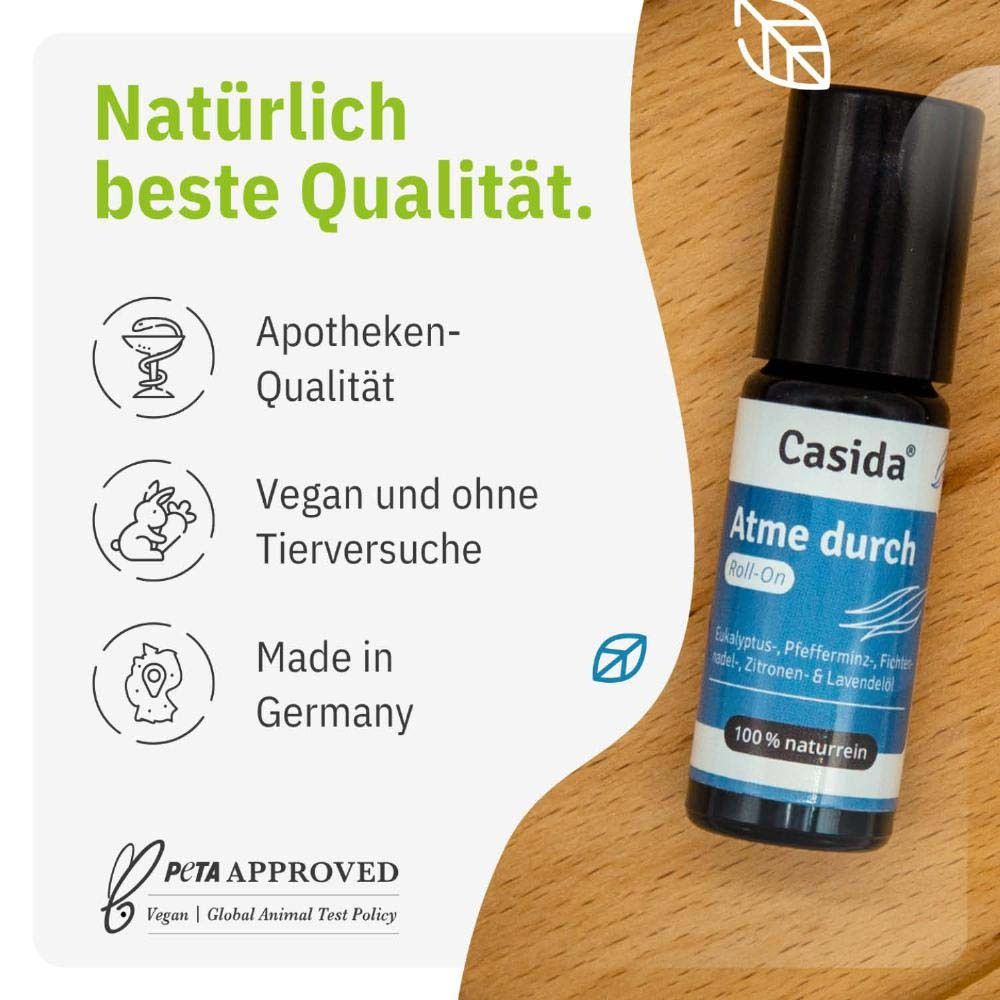 Roll-On-Flasche mit schwarzem Deckel. Text: Apotheken-Qualität, Vegan und ohne Tierversuche, Made in Germany. PETA Approved.