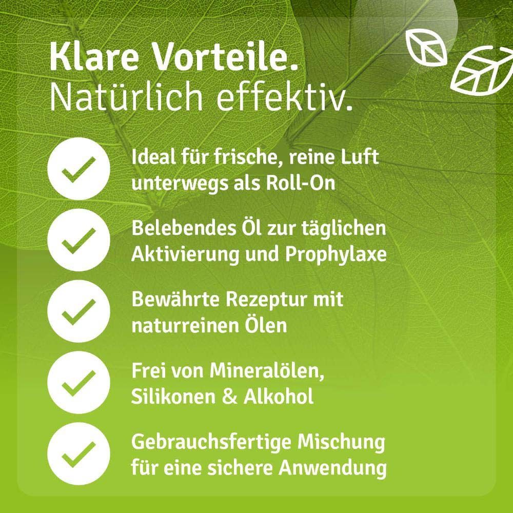 Roll-On-Flasche mit schwarzem Deckel. Text: Ideal für frische, reine Luft, belebendes Öl, bewährte Rezeptur, frei von Mineralölen, etc.