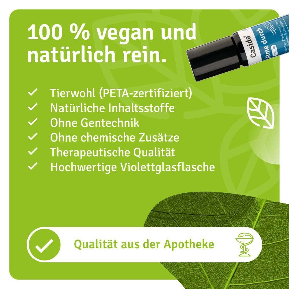 Roll-On-Flasche mit schwarzem Deckel. Text: 100 % vegan und natürlich rein. PETA-zertifiziert, ohne Gentechnik, etc. Qualität aus der Apotheke.