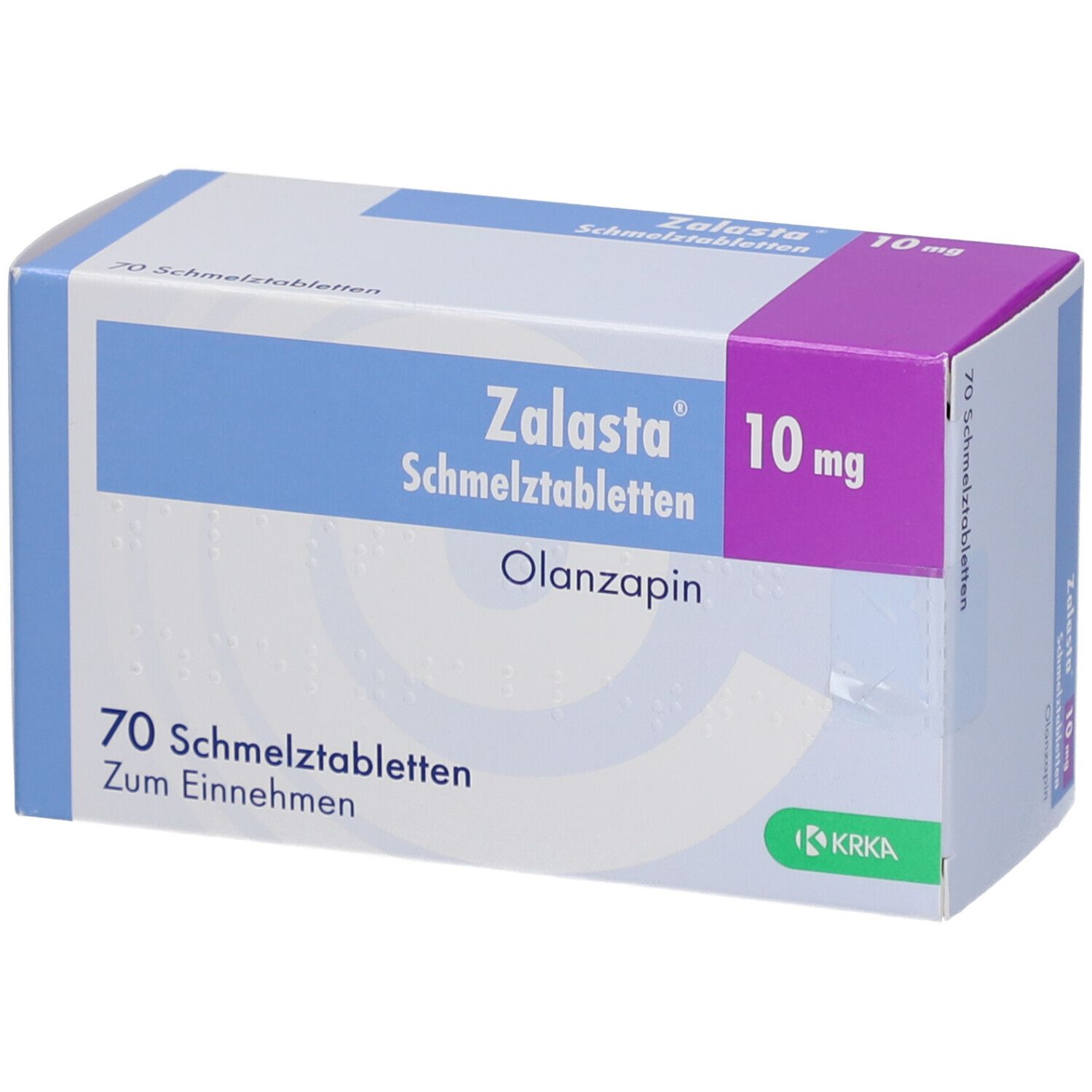 Zalasta Schmelztabletten-Packung. Blaue und violette Akzente. 10 mg, 70 Tabletten. Olanzapin. KRKA-Logo.