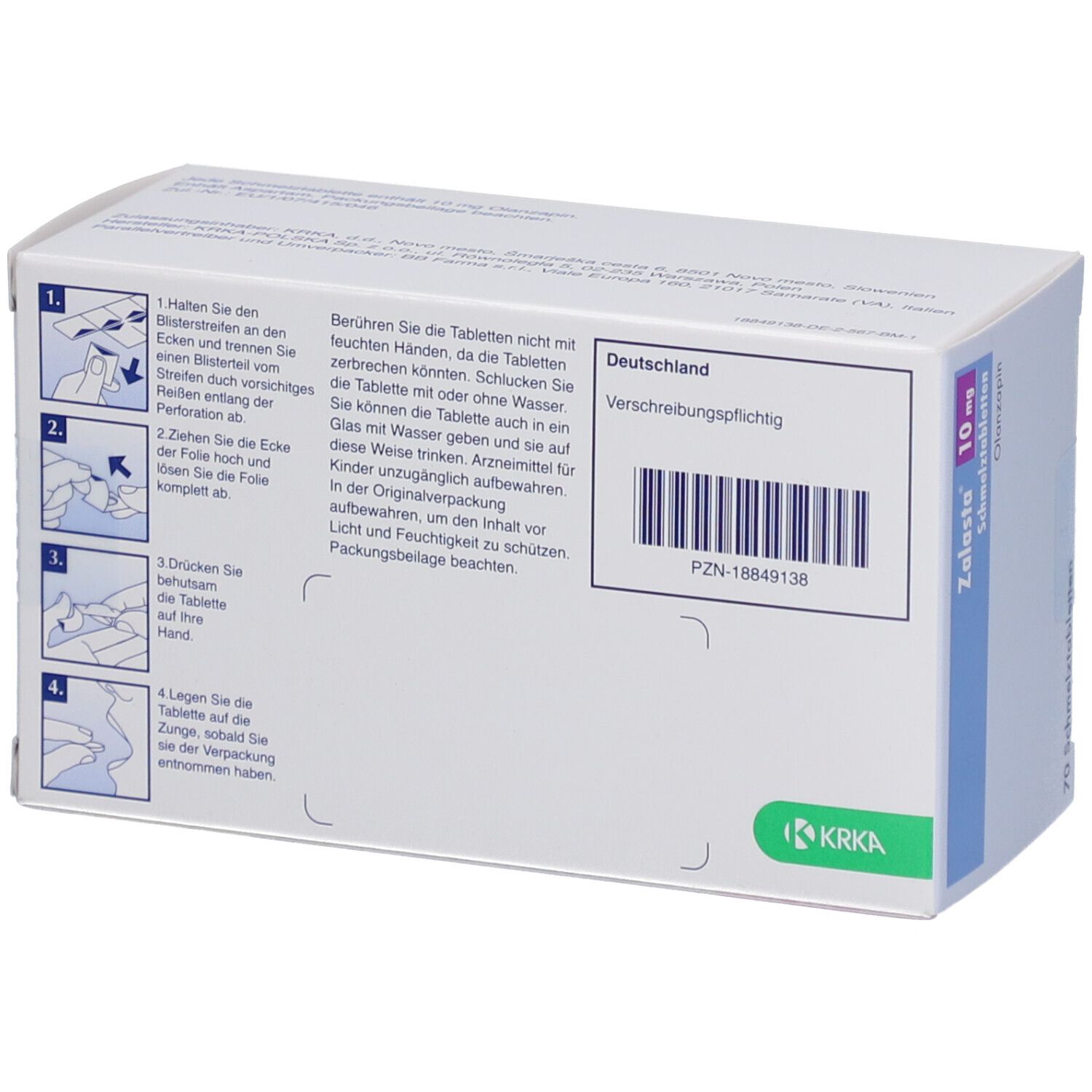 Rückseite der Zalasta-Packung. Anweisungen in deutscher Sprache. Barcode und KRKA-Logo. Verschreibungspflichtig.