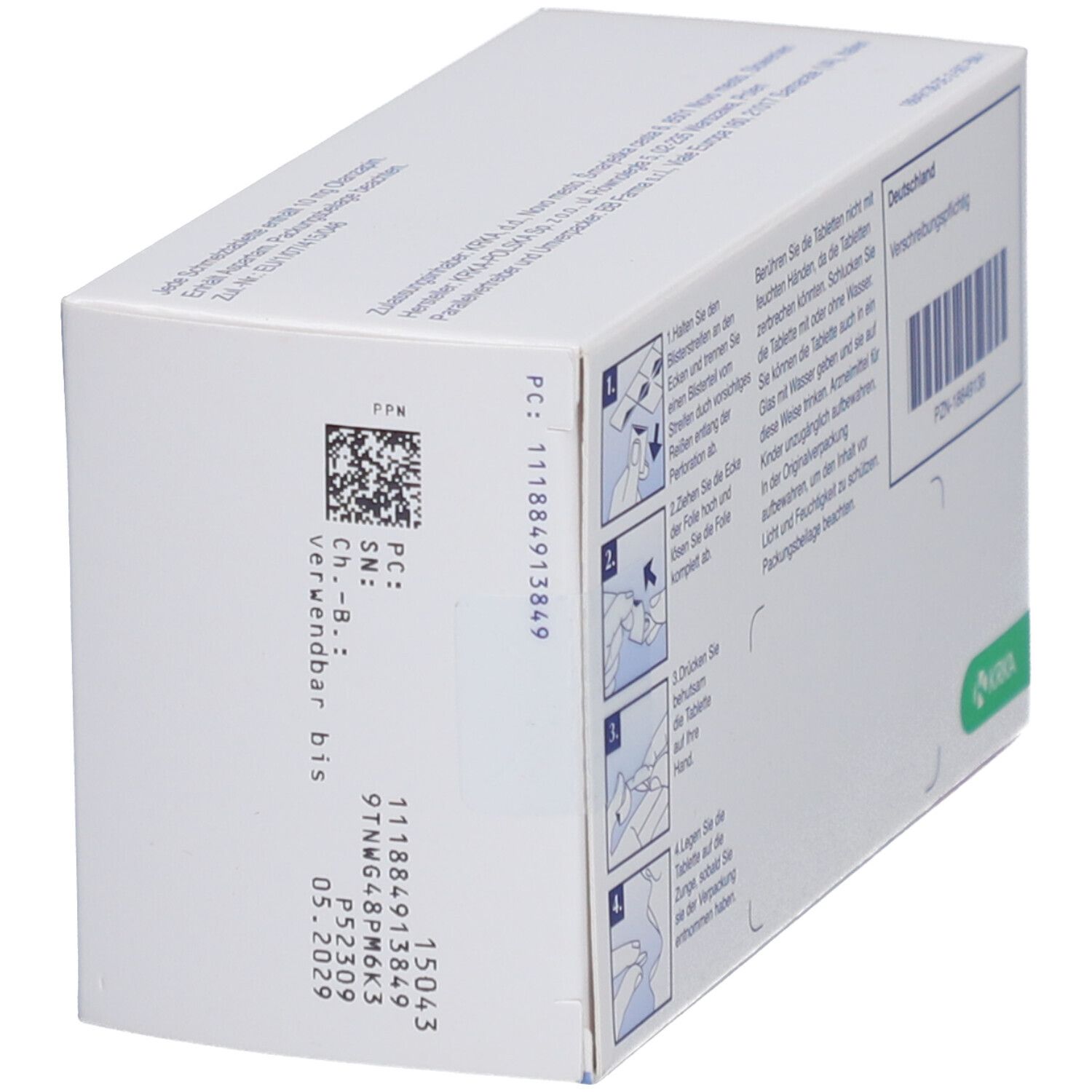 Schrägansicht der Zalasta-Packung. Anweisungen, Barcode und Verfallsdatum. KRKA-Logo. Verschreibungspflichtig.