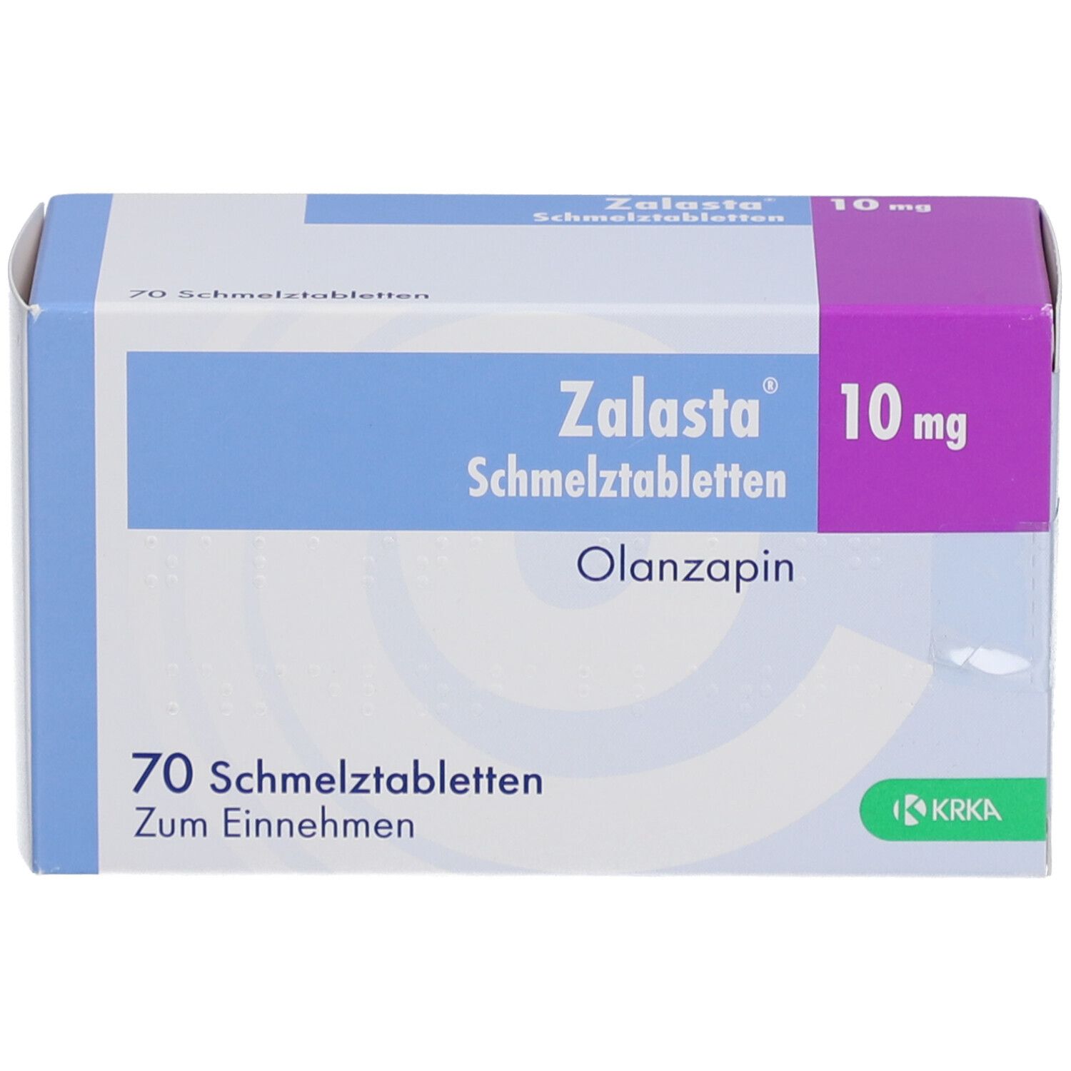 Zalasta Schmelztabletten-Packung. Blaue und violette Akzente. 10 mg, 70 Tabletten. Olanzapin. KRKA-Logo.