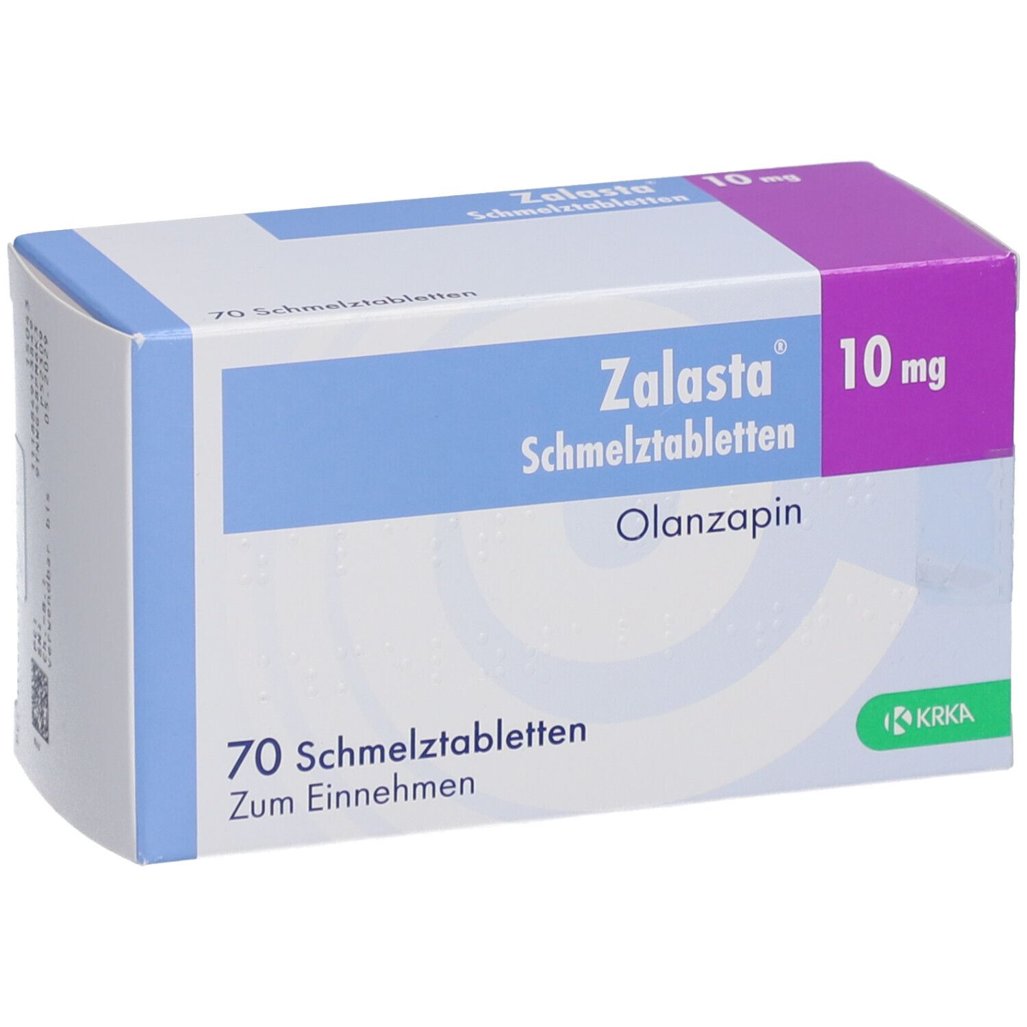 Zalasta Schmelztabletten-Packung. Blaue und violette Akzente. 10 mg, 70 Tabletten. Olanzapin. KRKA-Logo.
