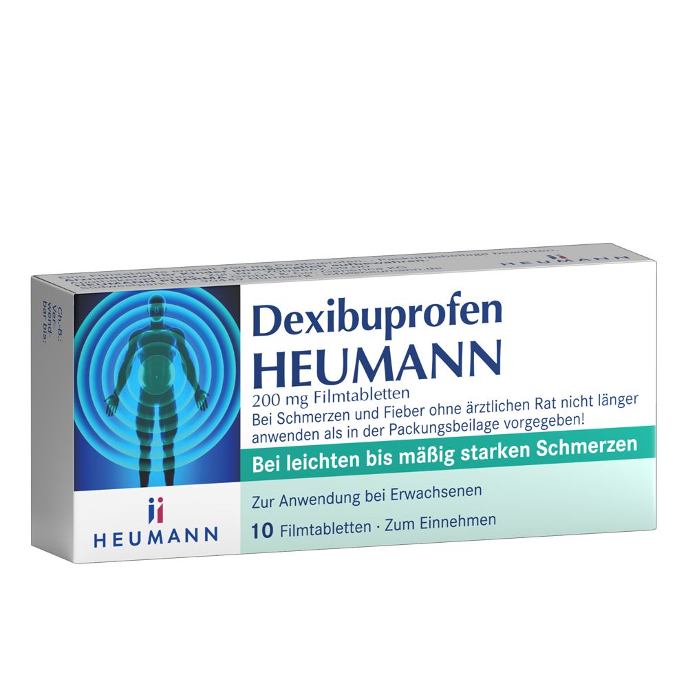 Schachtel Dexibuprofen HEUMANN 200 mg Filmtabletten. Aufdruck: Bei Schmerzen und Fieber. 10 Filmtabletten.