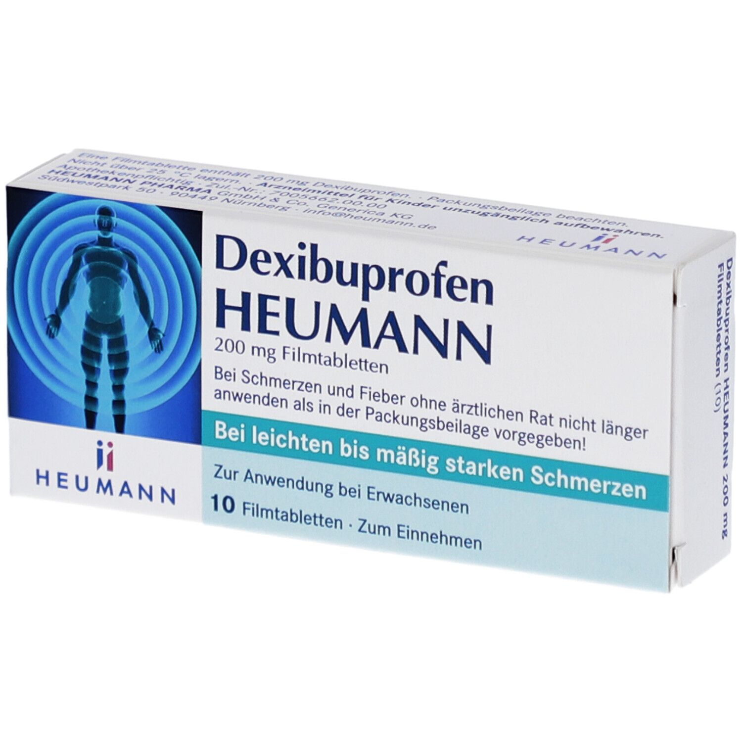 Schachtel mit Dexibuprofen HEUMANN 200 mg Filmtabletten. Blaue Grafik mit menschlicher Figur. Text: Bei leichten bis mäßig starken Schmerzen. 10 Filmtabletten.