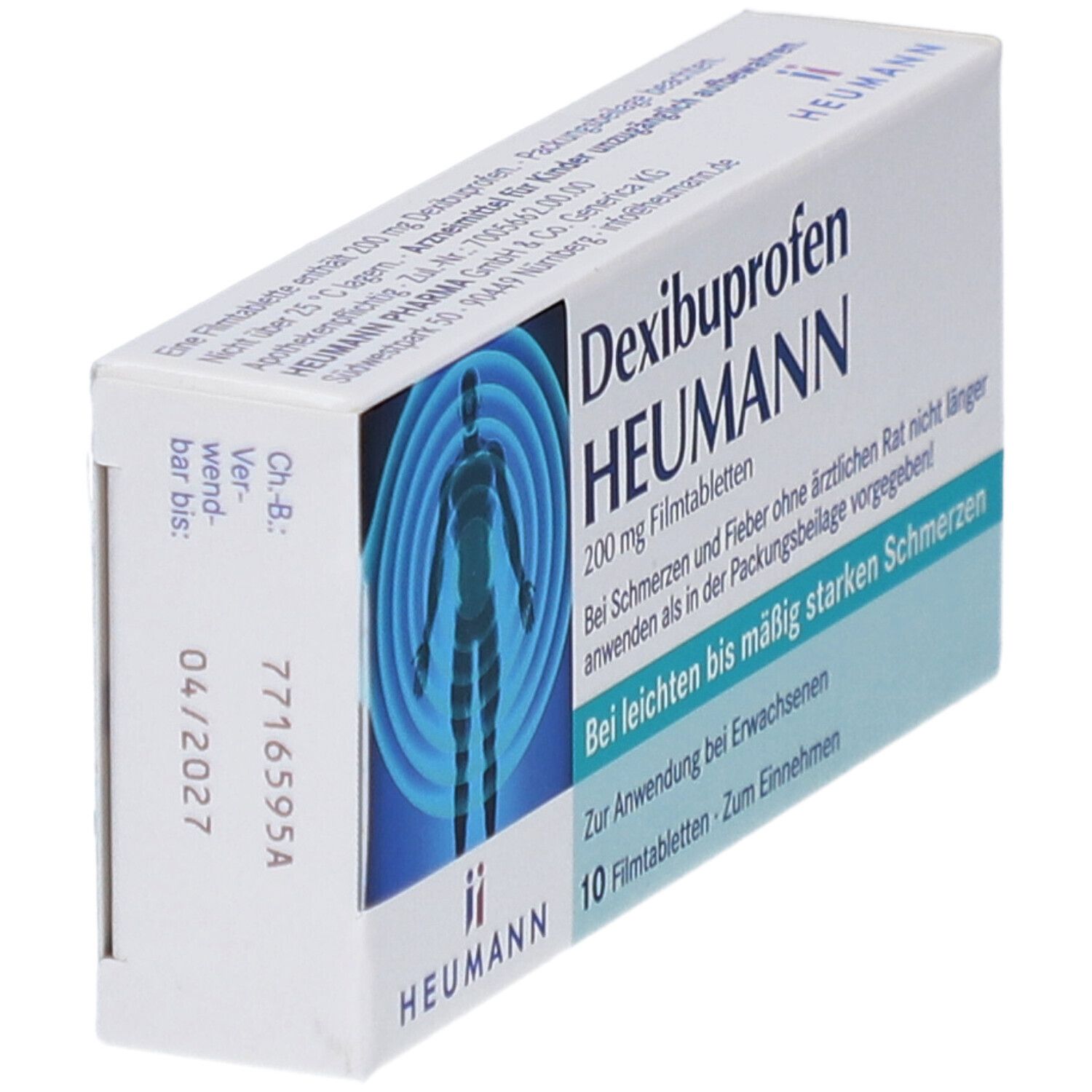 Schachtel mit Dexibuprofen HEUMANN 200 mg Filmtabletten. Blaue Grafik mit menschlicher Figur. Text: Bei leichten bis mäßig starken Schmerzen. 10 Filmtabletten.