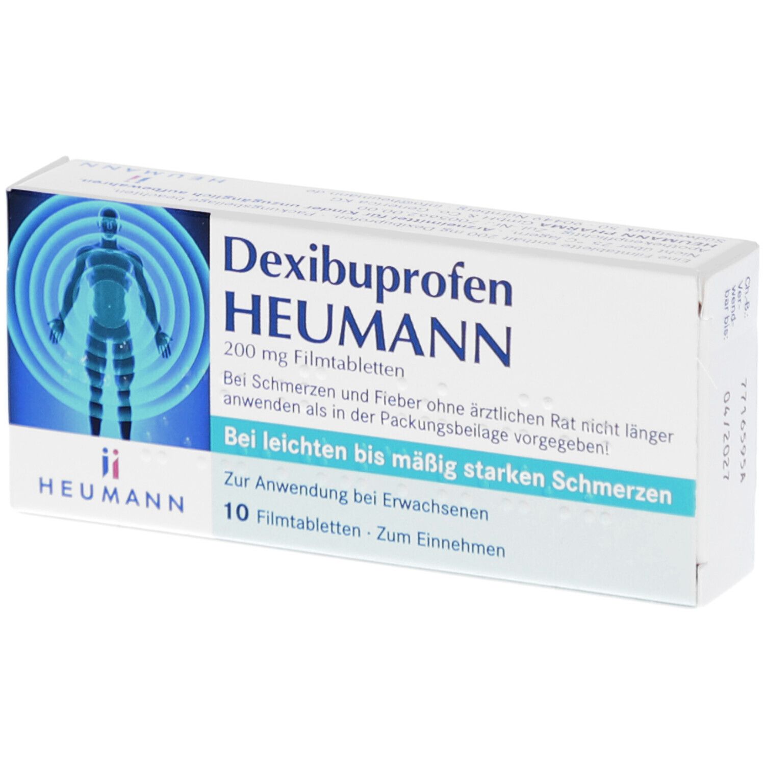 Schachtel mit Dexibuprofen HEUMANN 200 mg Filmtabletten. Blaue Grafik mit menschlicher Figur. Text: Bei leichten bis mäßig starken Schmerzen. 10 Filmtabletten.