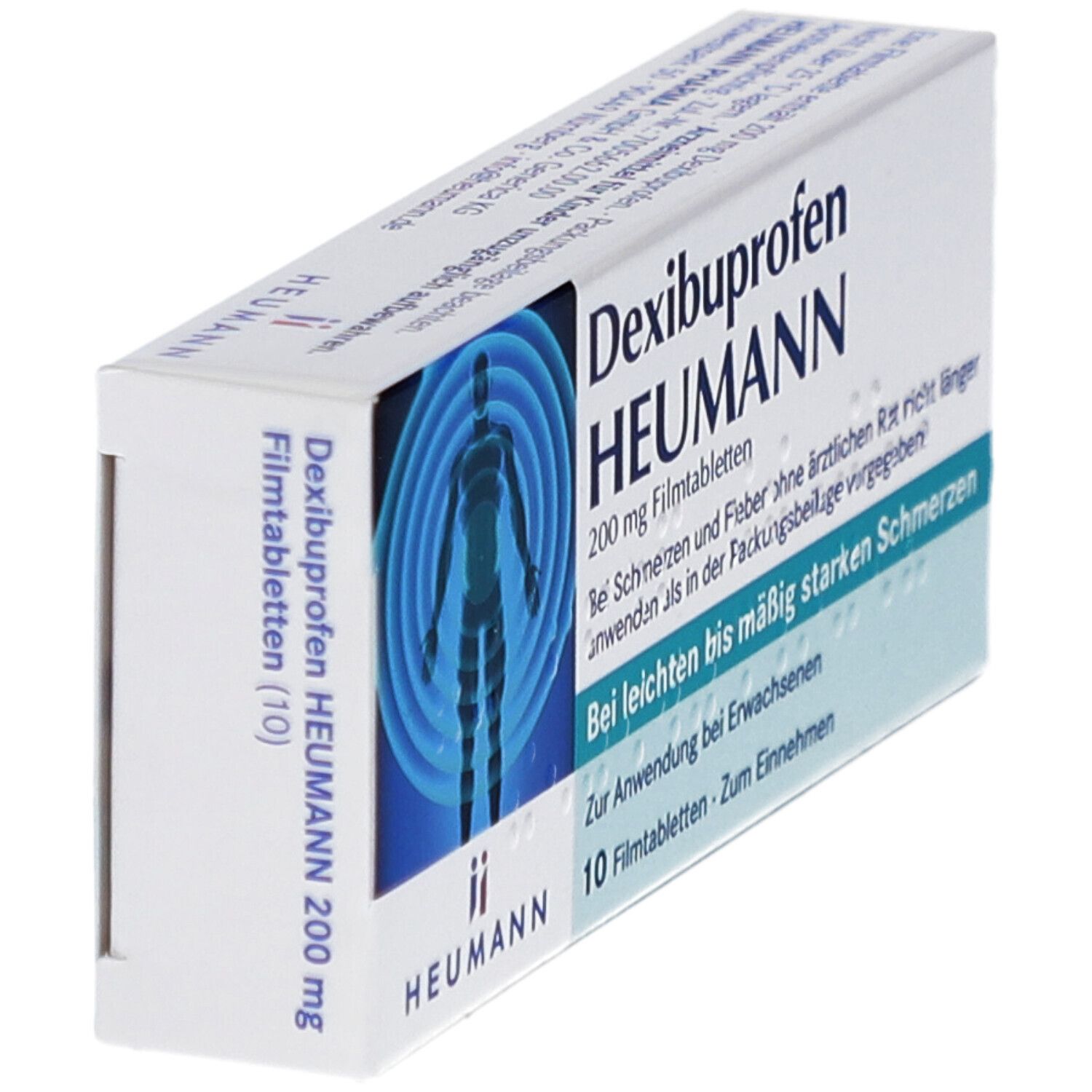 Schachtel mit Dexibuprofen HEUMANN 200 mg Filmtabletten. Blaue Grafik mit menschlicher Figur. Text: Bei leichten bis mäßig starken Schmerzen. 10 Filmtabletten.