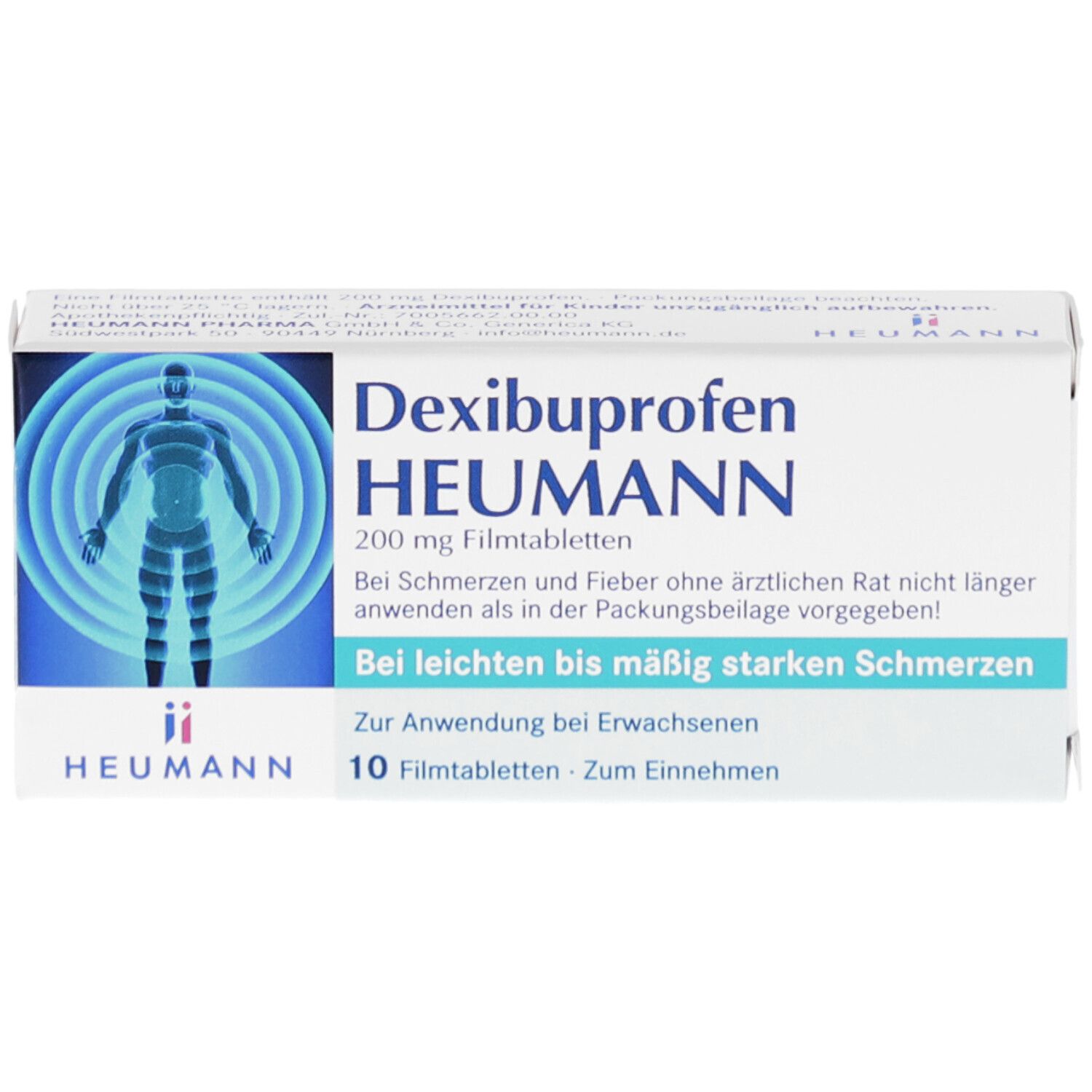 Schachtel mit Dexibuprofen HEUMANN 200 mg Filmtabletten. Blaue Grafik mit menschlicher Figur. Text: Bei leichten bis mäßig starken Schmerzen. 10 Filmtabletten.