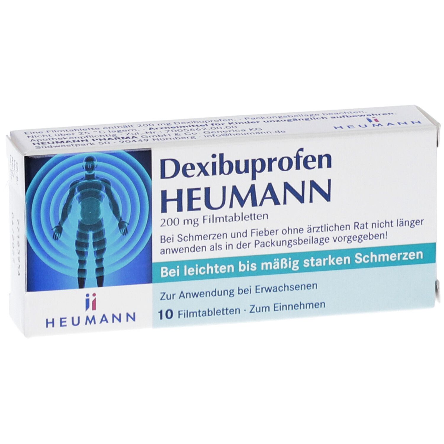 Schachtel mit Dexibuprofen HEUMANN 200 mg Filmtabletten. Blaue Grafik mit menschlicher Figur. Text: Bei leichten bis mäßig starken Schmerzen. 10 Filmtabletten.
