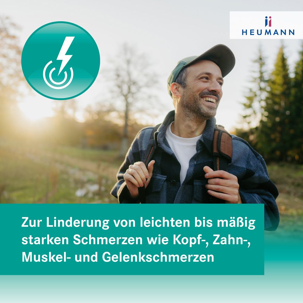 Mann im Freien. Text: Zur Linderung von leichten bis mäßig starken Schmerzen. HEUMANN Logo.