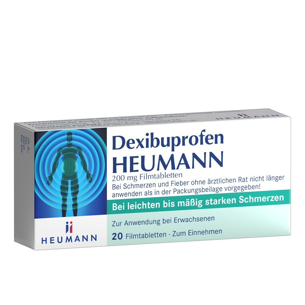Schachtel mit Dexibuprofen HEUMANN 200 mg Filmtabletten. Aufdruck: Bei leichten bis mäßig starken Schmerzen.