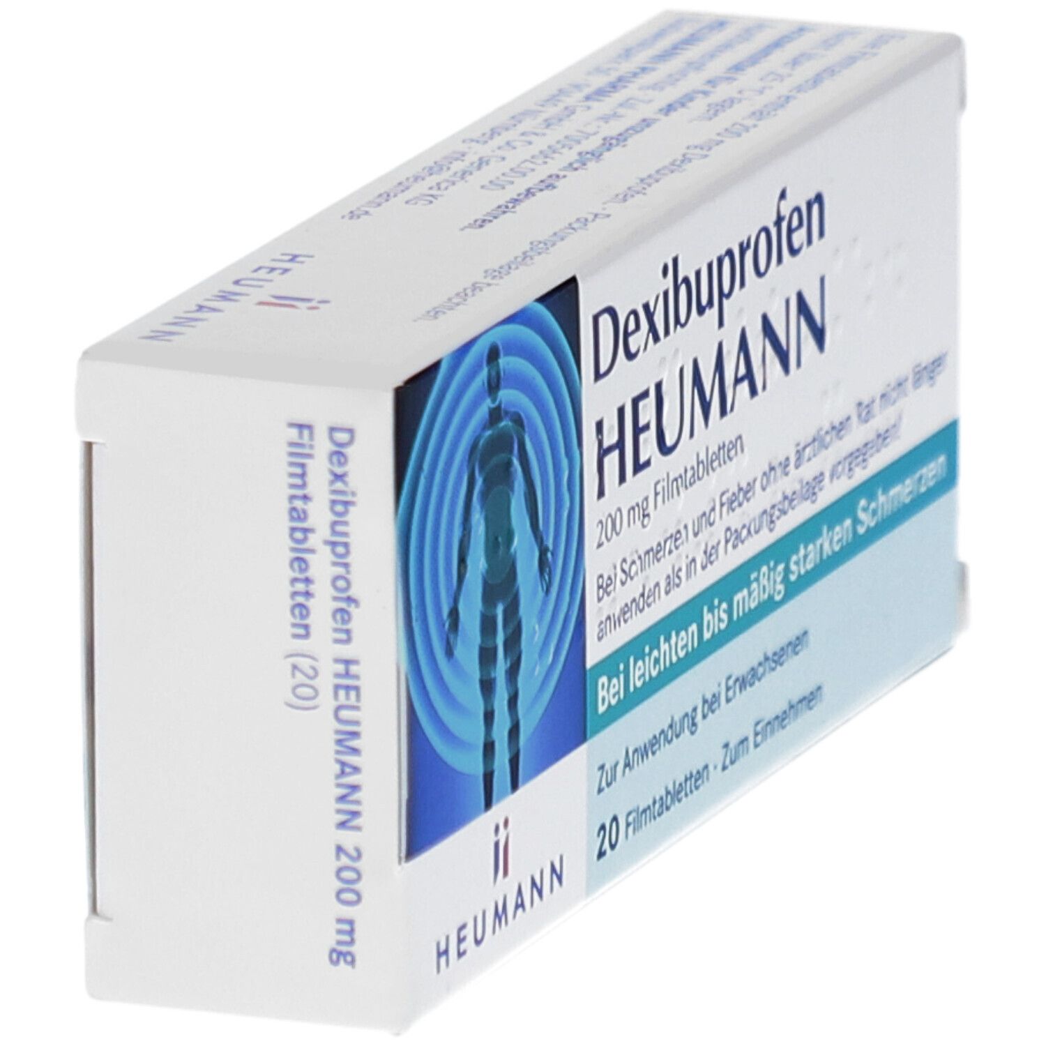 Weiße Schachtel mit Text. Aufschrift: Dexibuprofen HEUMANN 200 mg Filmtabletten. 20 Filmtabletten. HEUMANN Logo.