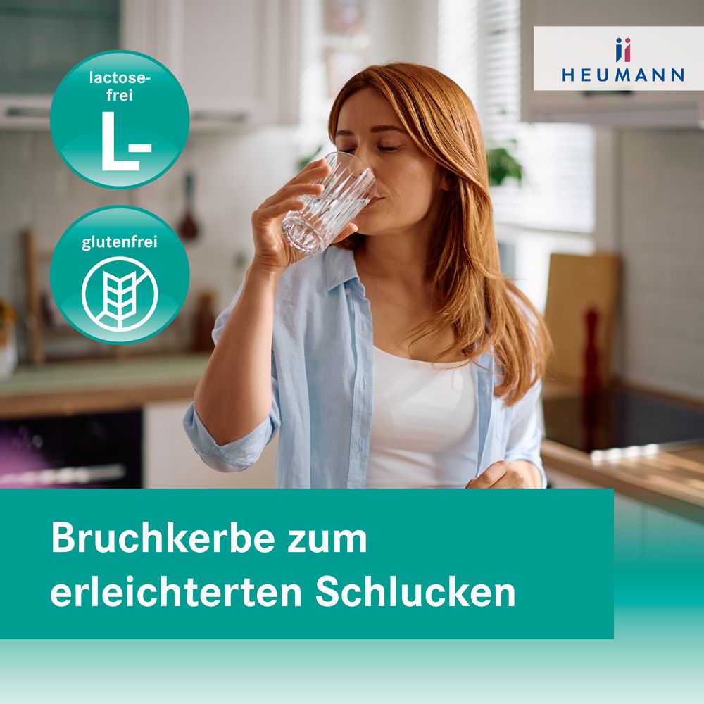 Frau trinkt Wasser. Text: Bruchkerbe zum erleichterten Schlucken. Laktosefrei, glutenfrei.