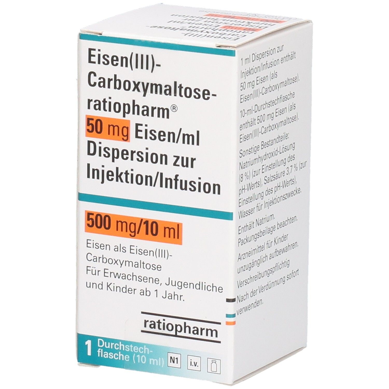 Karton mit Produktinformationen. Aufschrift: Eisen(III)-Carboxymaltose-ratiopharm, 50 mg Eisen/ml, Dispersion zur Injektion/Infusion, 500 mg/10 ml.