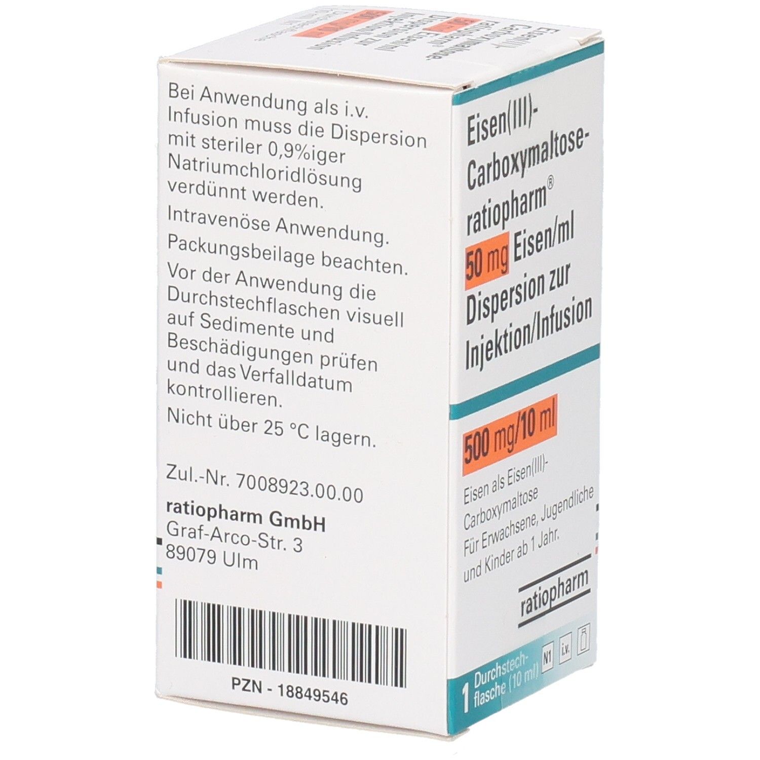 Karton mit Produktinformationen. Aufschrift: Eisen(III)-Carboxymaltose-ratiopharm, 50 mg Eisen/ml, Dispersion zur Injektion/Infusion, 500 mg/10 ml. Barcode und Adresse.